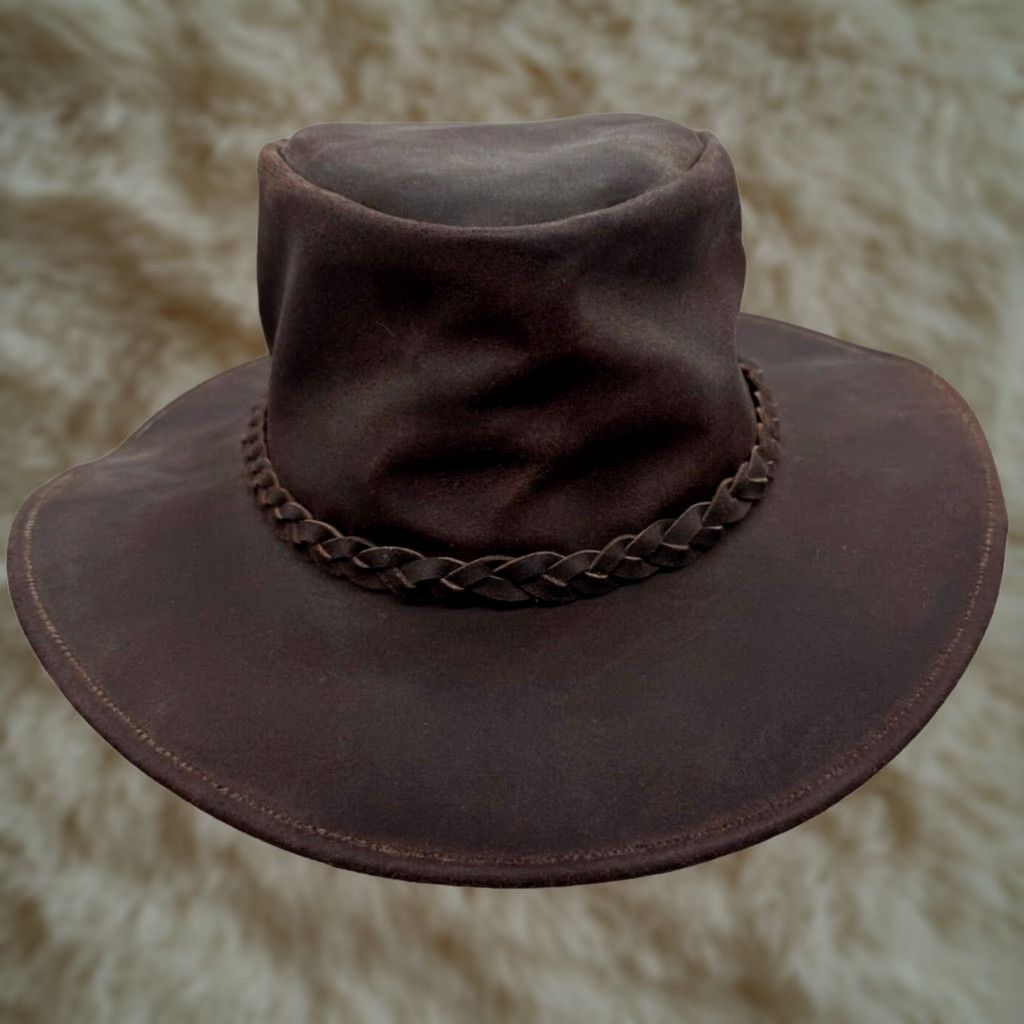Vintage VINTAGE Mens Leather Australian Outback Hat Size Small Brown Braided Hatband Size ONE SIZE - 1 Thumbnail