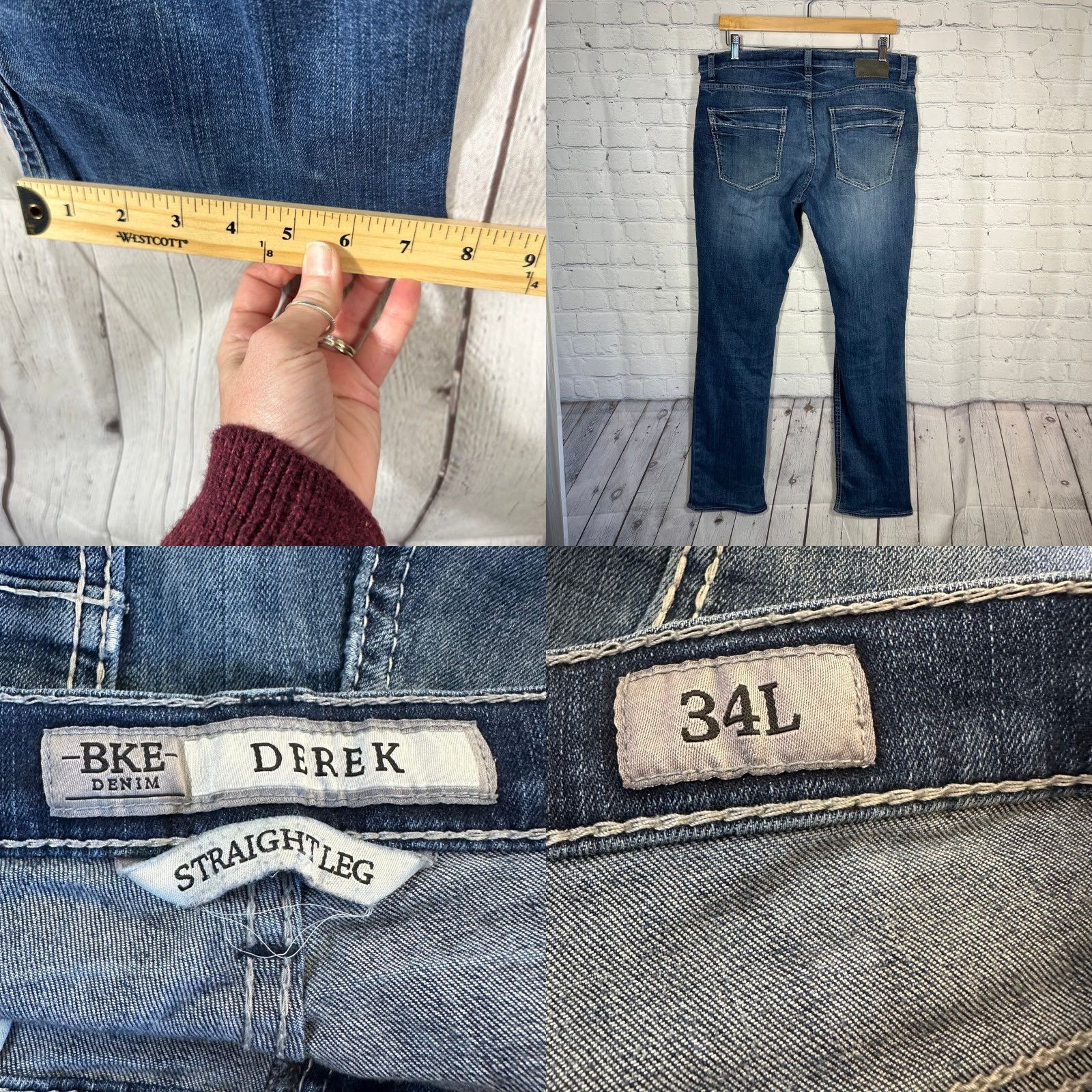 BKE BKE Derek Jeans Mens 34L Blue Medium Wash Distressed Denim Straight 34 Inseam 5-Pocket Zip Button Buckle Bke Size US 34 / EU 50 - 8 Thumbnail