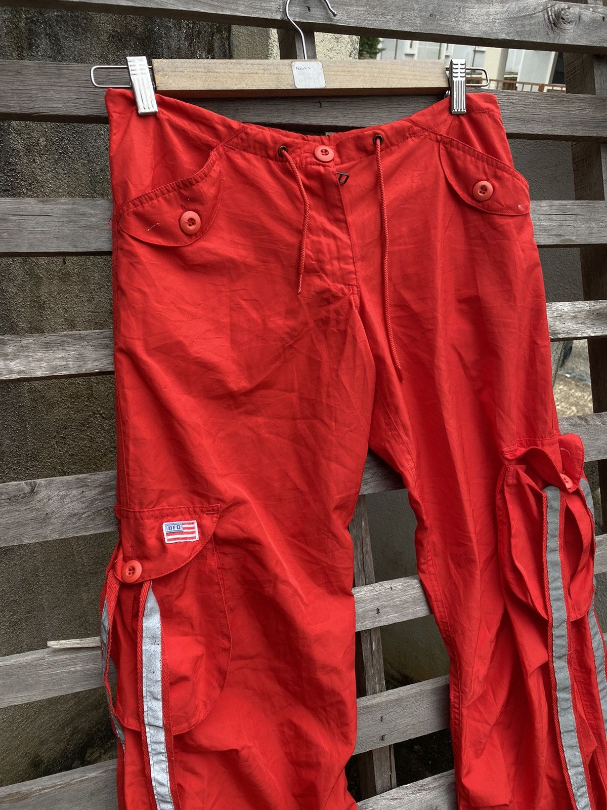 Japanese Brand Vintage Y2K UFO Red Cargo Pants - Nylon Poly Multiple Pocket Size US 31 - 3 Thumbnail