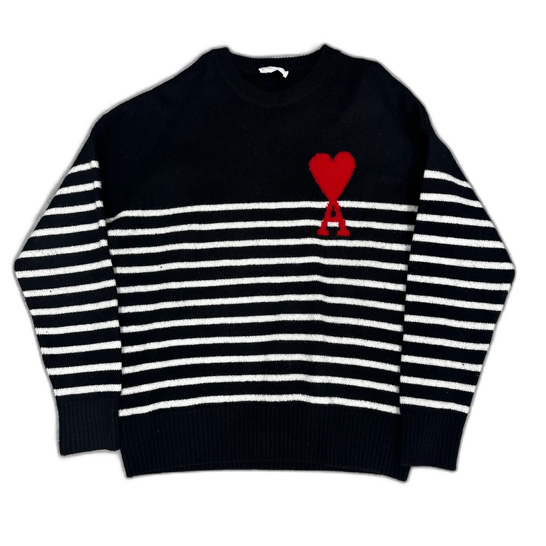 AMI Black and White Heart Striped Sweater Size US L / EU 52-54 / 3 - 1 Thumbnail