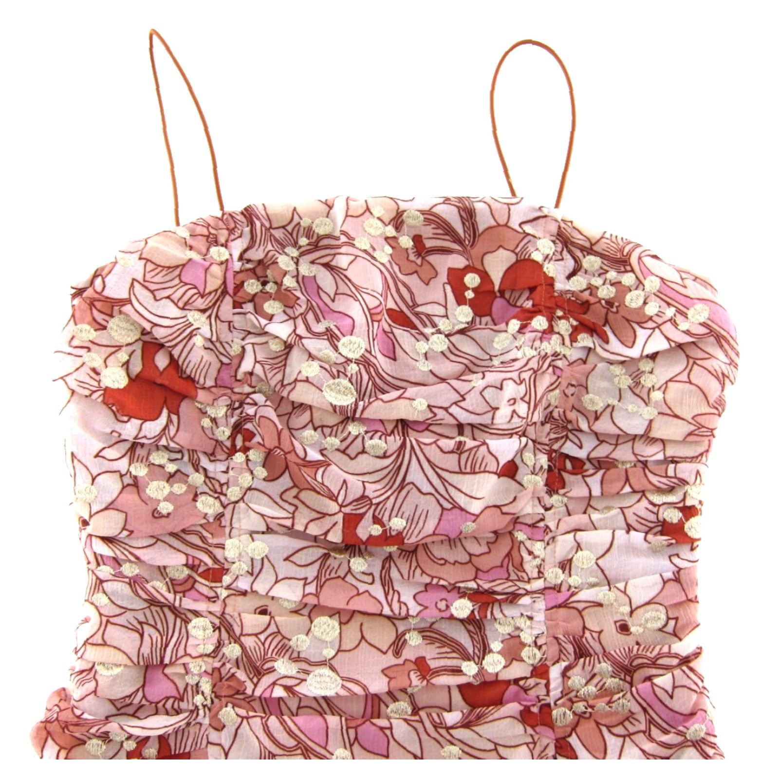 Pinko BTFL-Life Pink Orange Floral Embroidered Metallic Gold Ruched Bodycon Dress S Size S / US 4 / IT 40 - 4 Thumbnail