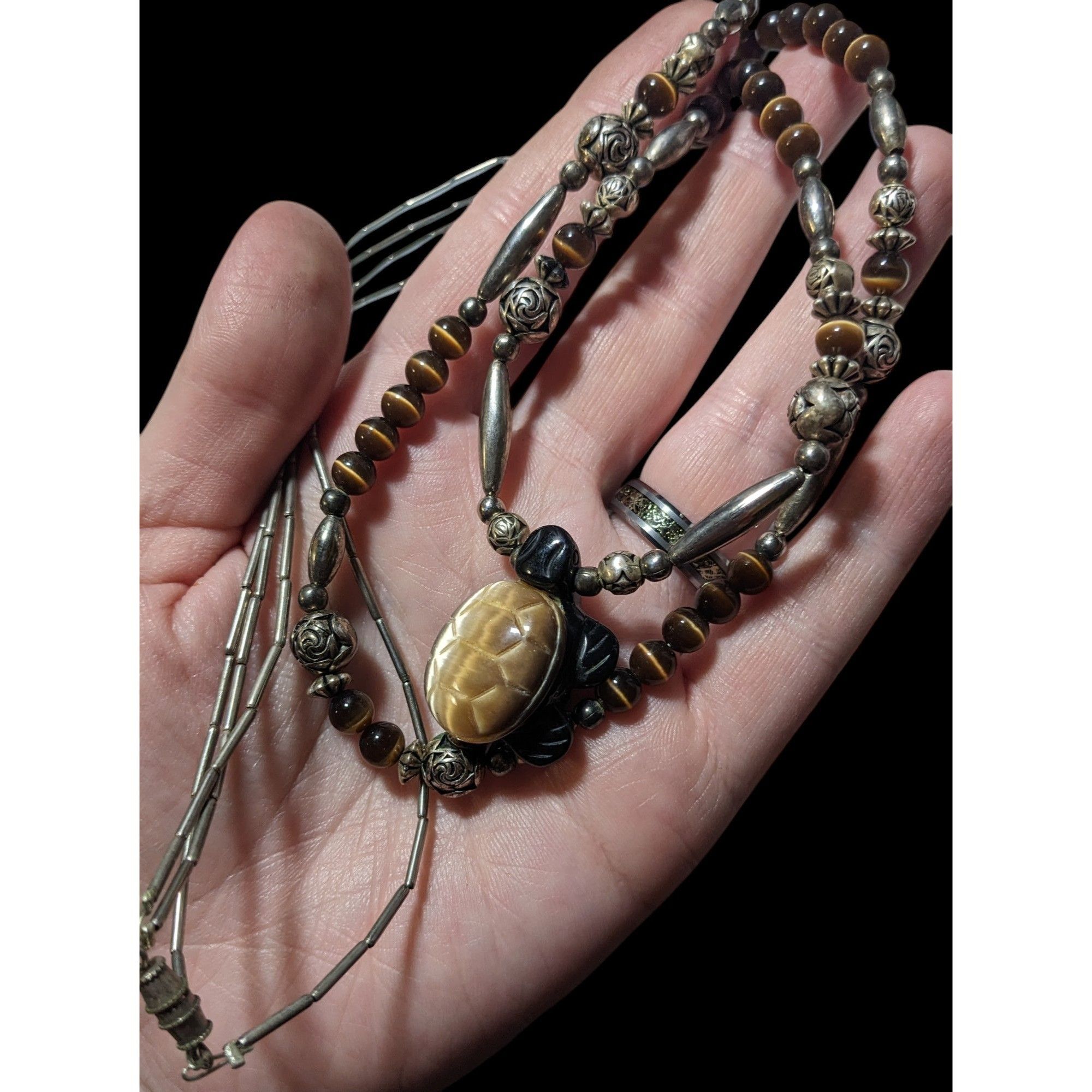 Other Vintage Liquid Silver Brown Cateye Beaded Multilayer Carved Size ONE SIZE - 6 Thumbnail