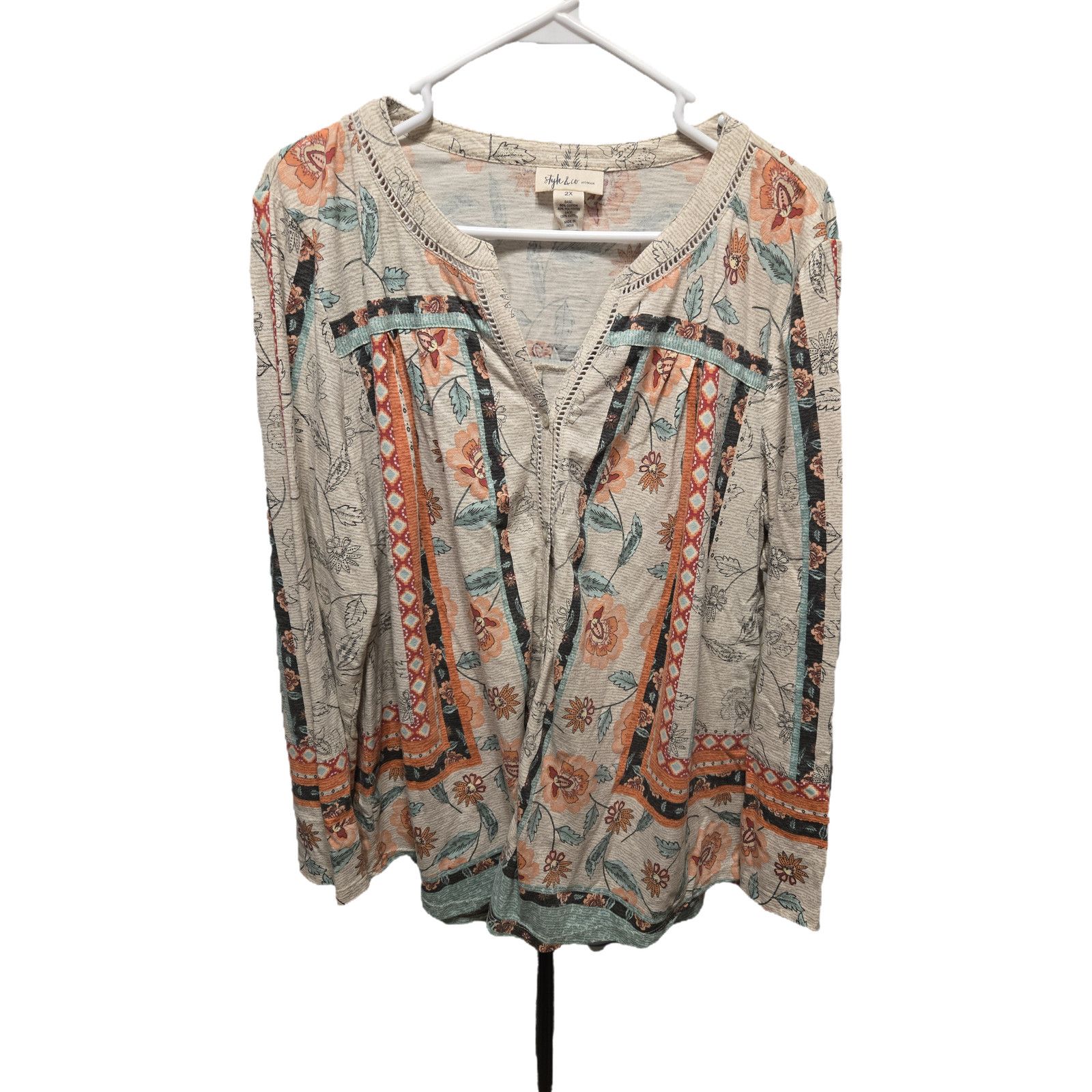 Style & Co Style & Co Woman 2X Boho Floral Button Front Top Ladder Lace Size XXL / US 16-18 / IT 52-54 - 5 Thumbnail