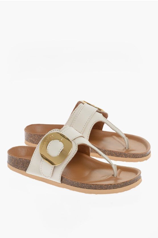 image of Chloe See By Leather Thong Sandals With Golden Maxi Buckle in White, Women's (Size 8)
