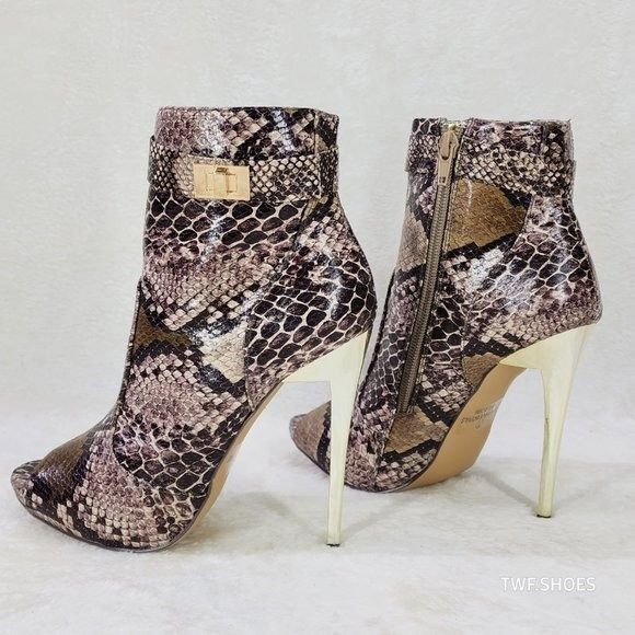 Other Adamarys Brown Snake Print Open Toe Ankle Boots Gold Slim St Size US 7 / IT 37 - 4 Thumbnail