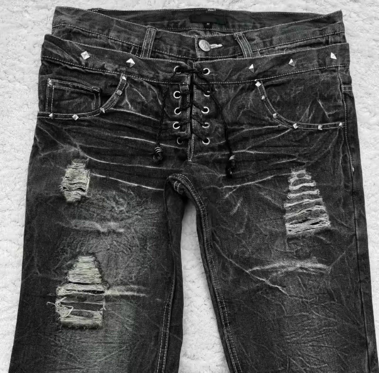 Jean Washed Black Design Vintage Style Distressed Hole Jeans Y2k Size US 30 / EU 46 - 4 Thumbnail