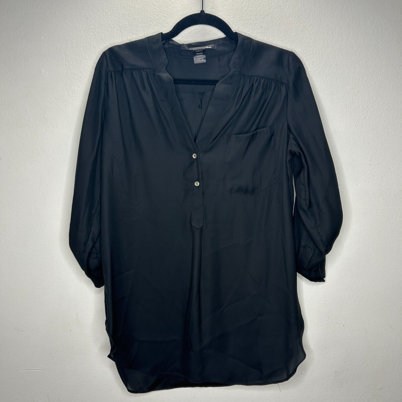Other Ellison Black Satin V-Neck Button Long Sleeve Blouse S Size S / US 4 / IT 40 - 1 Thumbnail