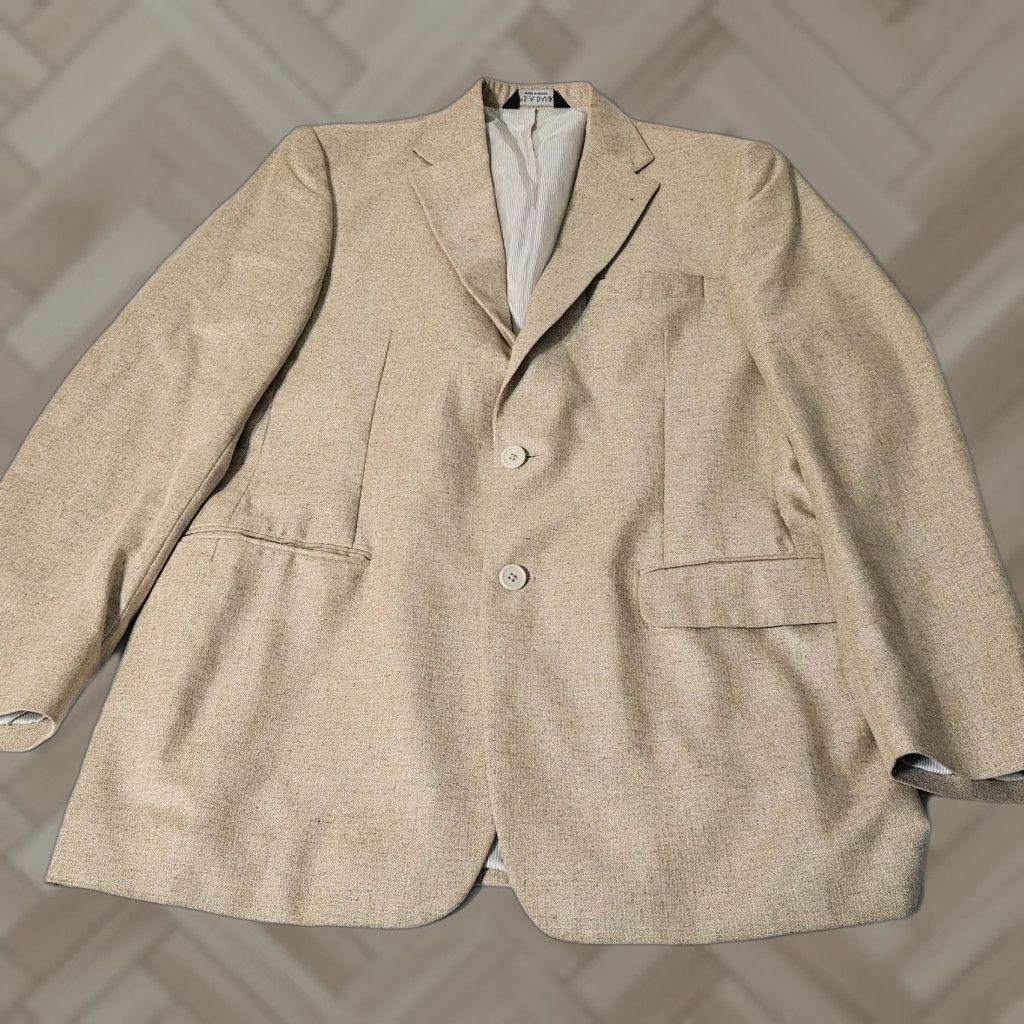 Jos. A. Bank JOS A. BANK Silk 40L Blazer Sport Coat Jacket Beige Tan Plaid 44 Chest Single-Breasted 2 Button Mens Jacket Size 40R - 1 Thumbnail
