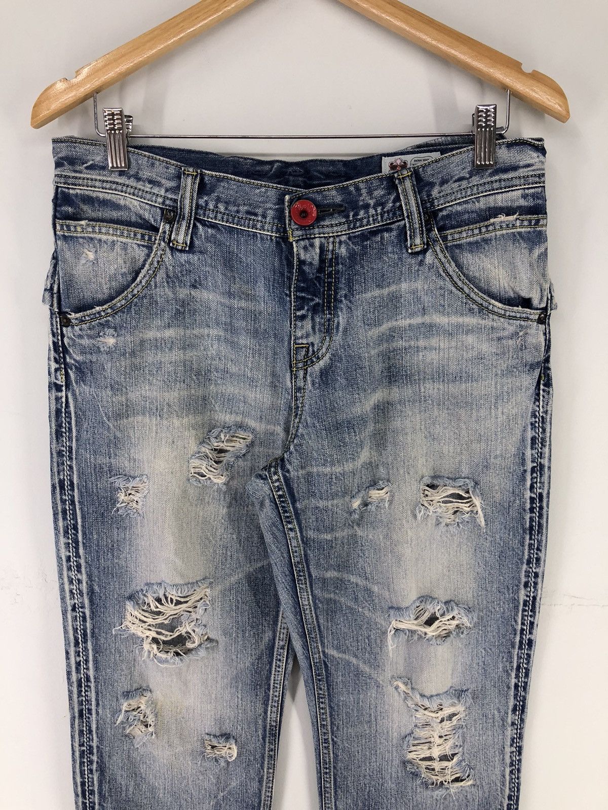 Japanese Brand Rodeo Crowns Back Ribbon Distressed Faded Blue Jeans Size 31" - 5 Thumbnail