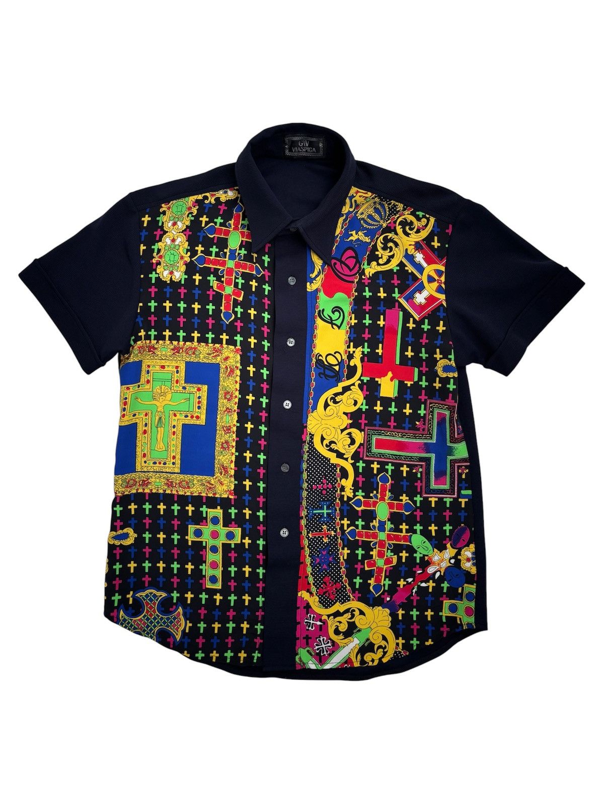 Versace 1980s Via Spiga Multi Colour Cross Shirt Size US M / EU 48-50 / 2 - 1 Thumbnail
