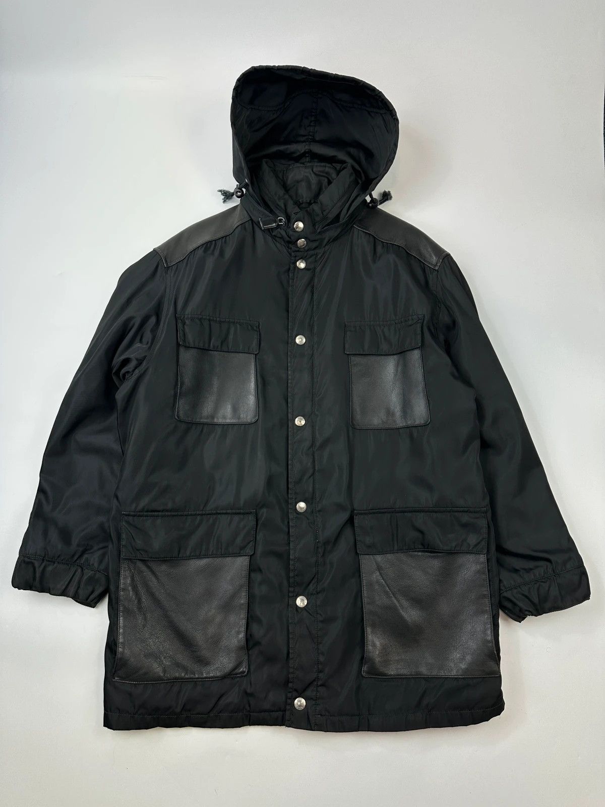 Prada Milano FW97 Black Nylon & Leather Parka Long Coat