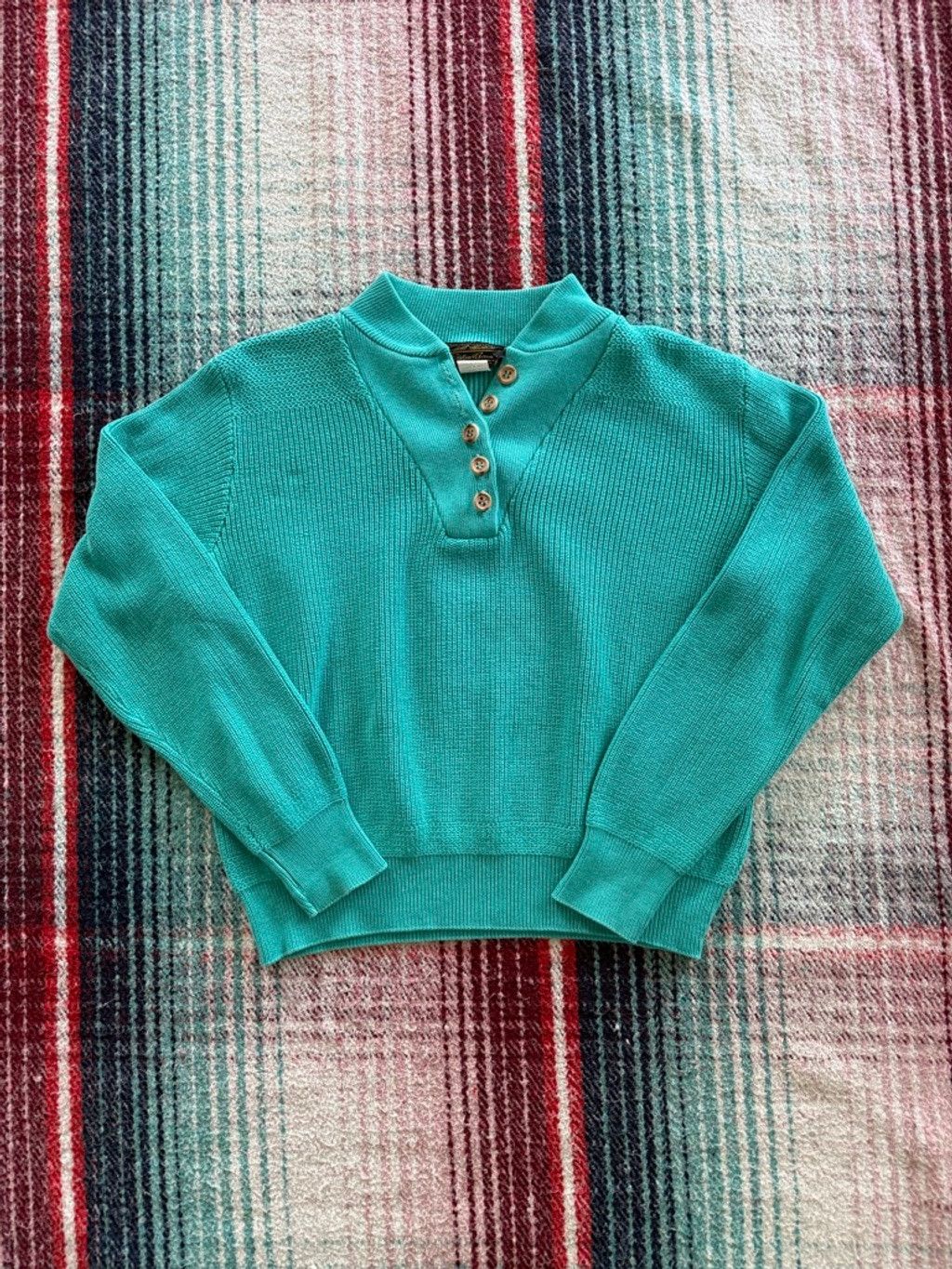 Eddie Bauer 80s Women’s Eddie Bauer Teal Henley Sweater L Size L / US 10 / IT 46 - 1 Thumbnail