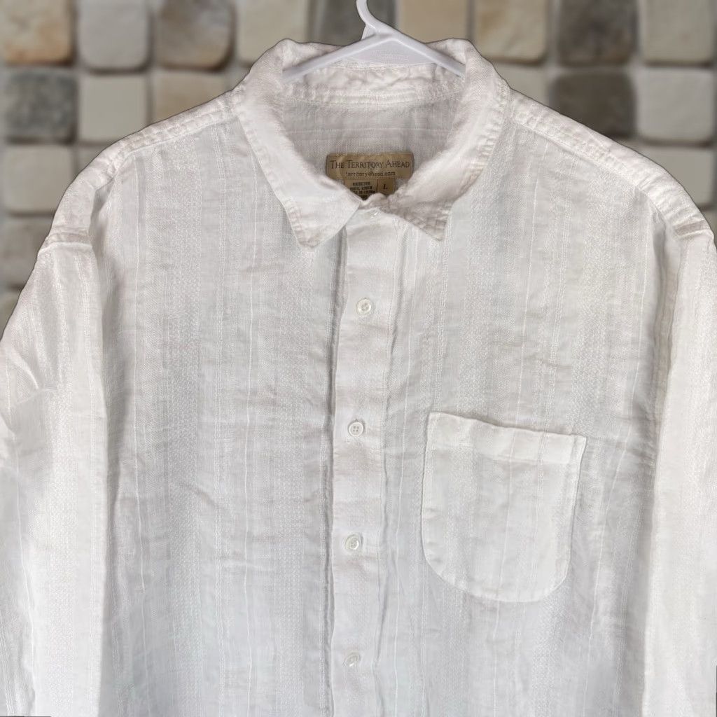 The Territory Ahead Territory Ahead Shirt Mens Large White 100% Linen Summer Beach Stripe Button-Up Long Sleeve Casual 100% Linen L Mens White Territory Ahead Shirt Size US L / EU 52-54 / 3 - 1 Thumbnail