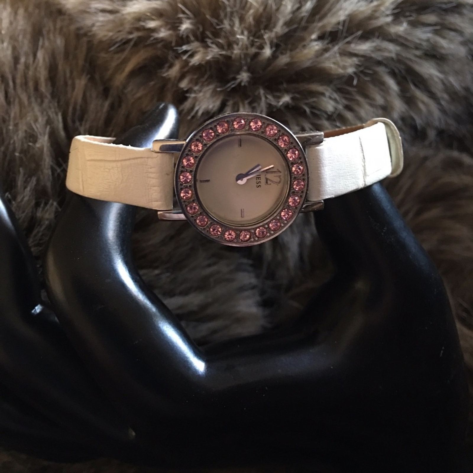 Ladies Guess Pink Rhinestone White Leather Watch, Women's