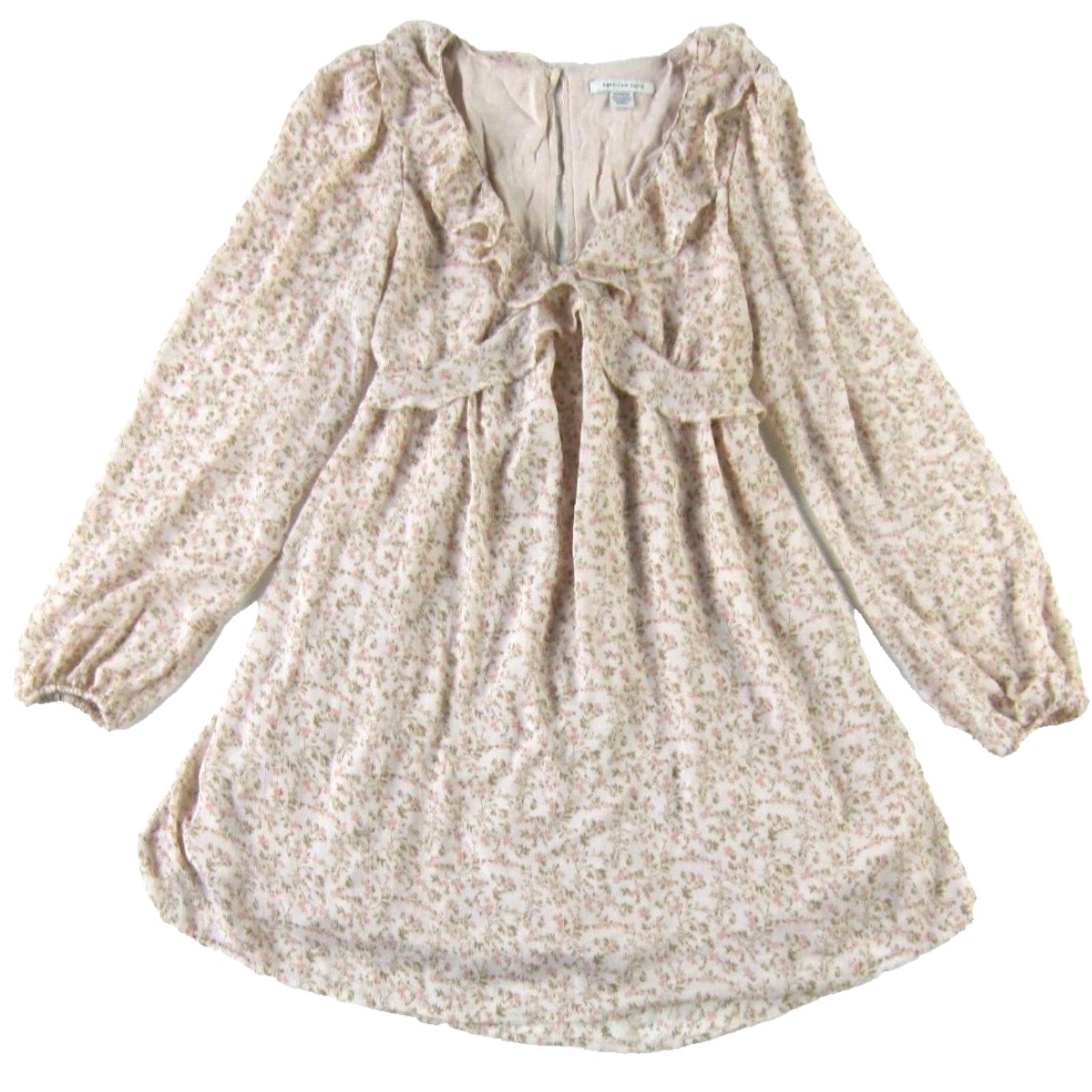 American Eagle Outfitters VINTAGE American Eagle Pink Green Floral Long Sleeve Ruffle V-Neck Smock Sheath Dress XS Size XS / US 0-2 / IT 36-38 - 2 Thumbnail