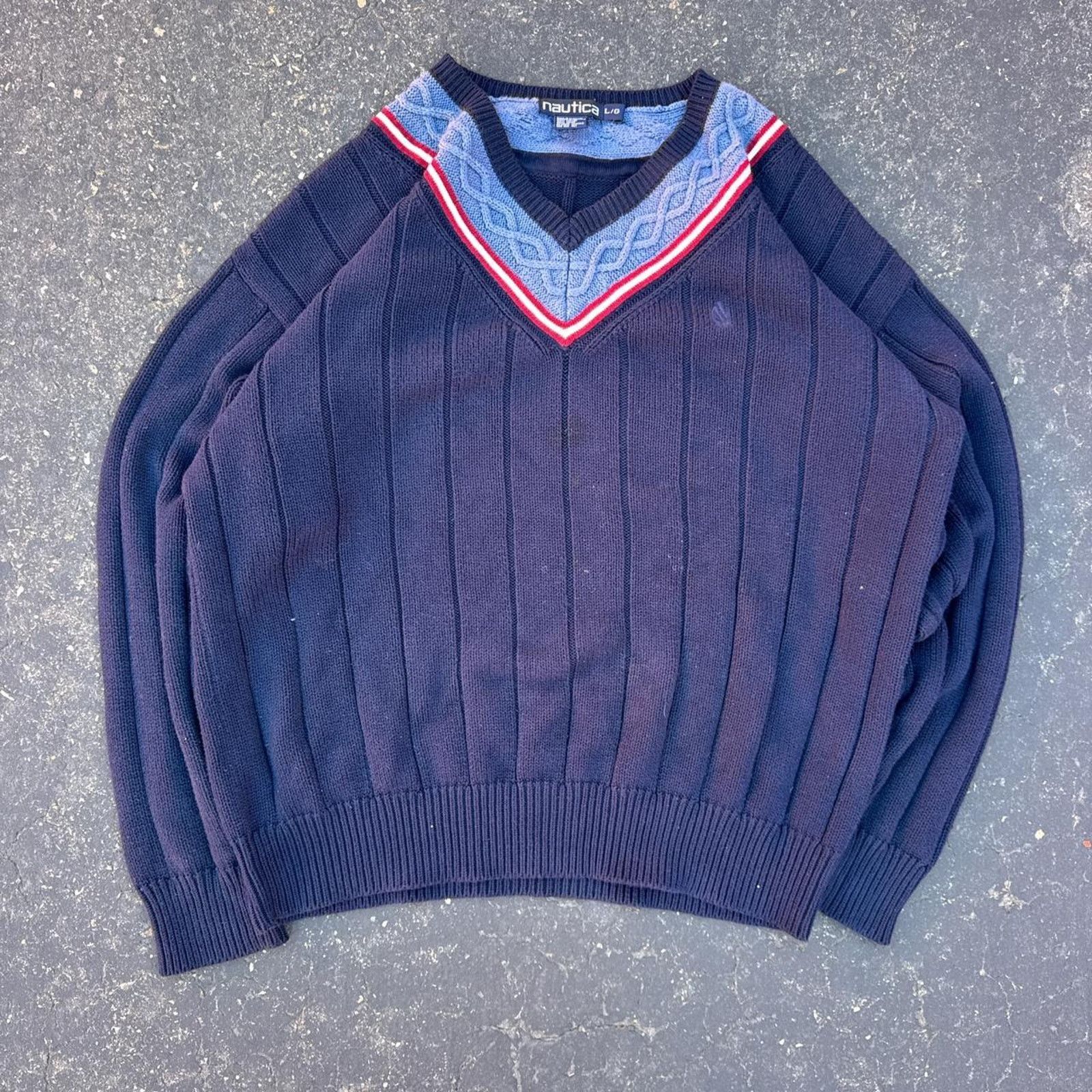 Nautica Vintage 90s Nautica Cable Knit V-Neck Sweater – Size Large Size US L / EU 52-54 / 3 - 1 Thumbnail