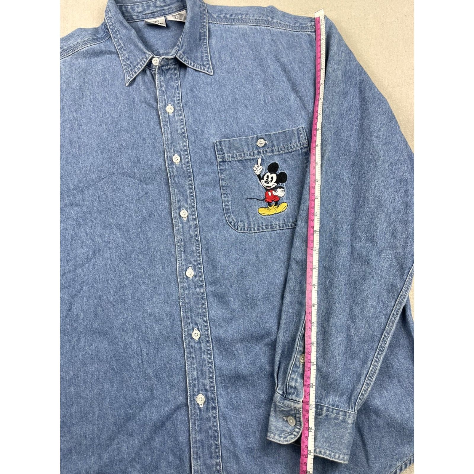 Disney VINTAGE Mickey Inc Shirt Denim 90s Button-Up Adult L Short Sleeve Blue Embroidered Mickey Pocket Size US L / EU 52-54 / 3 - 6 Thumbnail