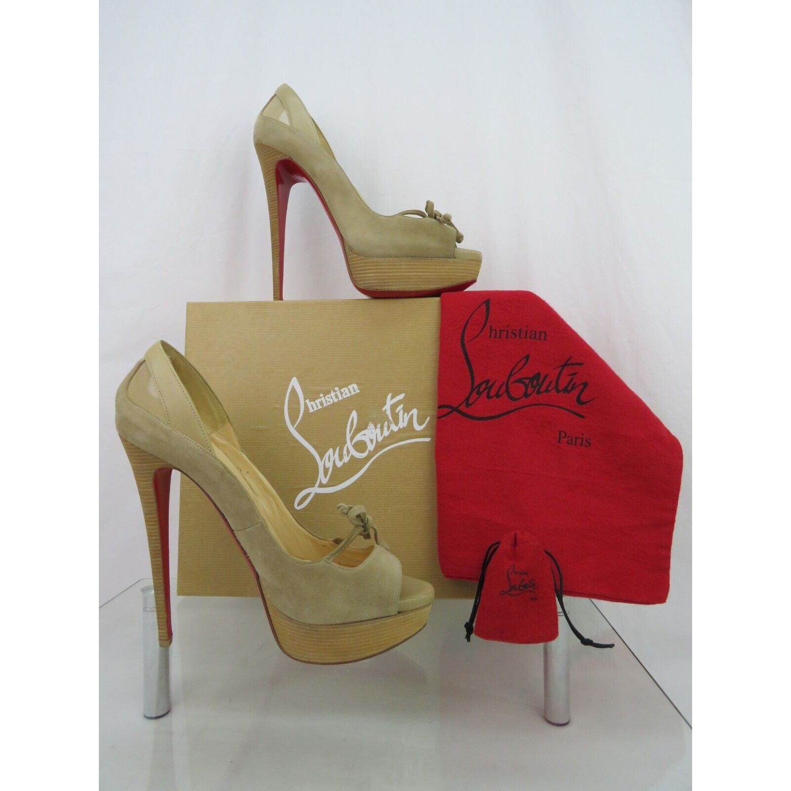LOUBOUTIN MALEVA PLATFORM PEEP BEIGE SUEDE BOW PUMPS 41.5 11