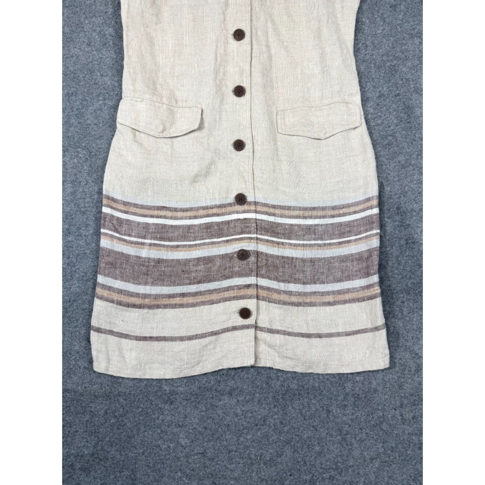 Tommy Bahama Tommy Bahama Linen Dress Womens M Beige Malene Stripe Pockets Button Front Dress Size M / US 6-8 / IT 42-44 - 4 Thumbnail