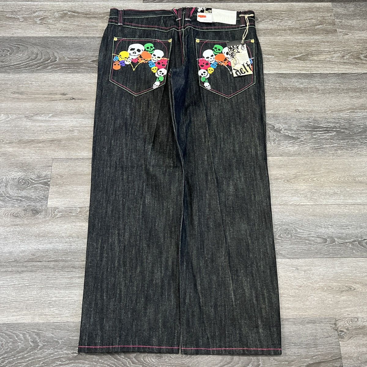 image of Jnco x Vintage Crazy Vintage Delf Baggy Wide Leg Cybergoth Skull Jeans NWT in Navy, Men's (Size 38)