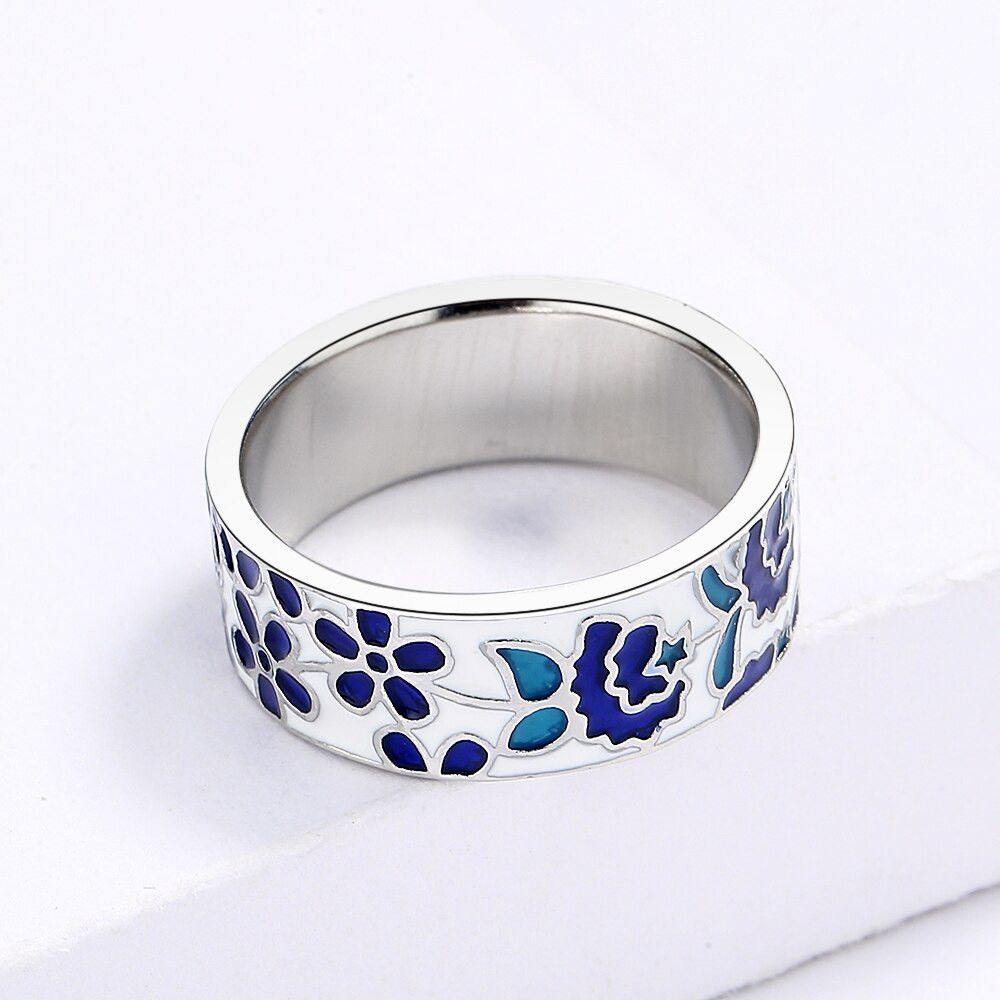 Jewelry Blue Enamel Flower Ring Size ONE SIZE - 1 Thumbnail
