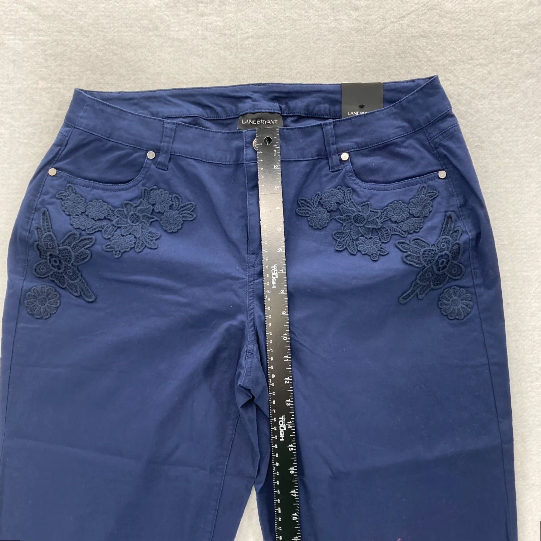 Vintage Lane Bryant Women's 14 Dark Blue Stretch Floral Lace Ankle Pants Mid Rise Slim Knit Cotton Blend Spandex Inseam 26 in Wide Leg? Size 25" / US 0 / IT 36 - 7 Thumbnail