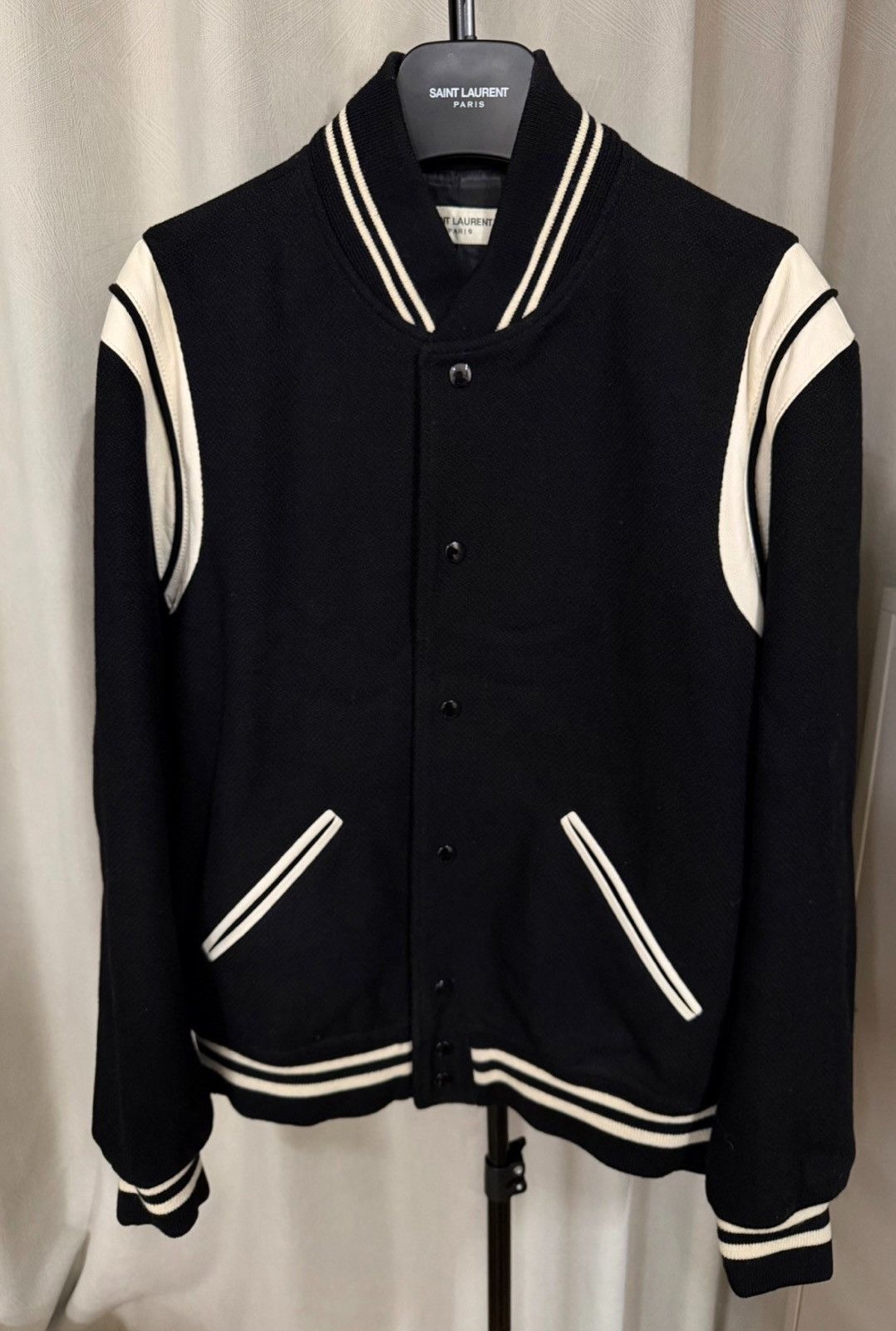 Saint Laurent Paris Saint Laurent 22FW Black &White Wool Lambskin Varsity Jacket Size US XL / EU 56 / 4 - 1 Thumbnail