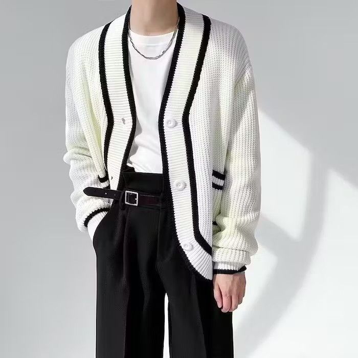 image of Vintage Patterned Knit V Neck Cardigan Sweater in White, Men's (Size Medium)