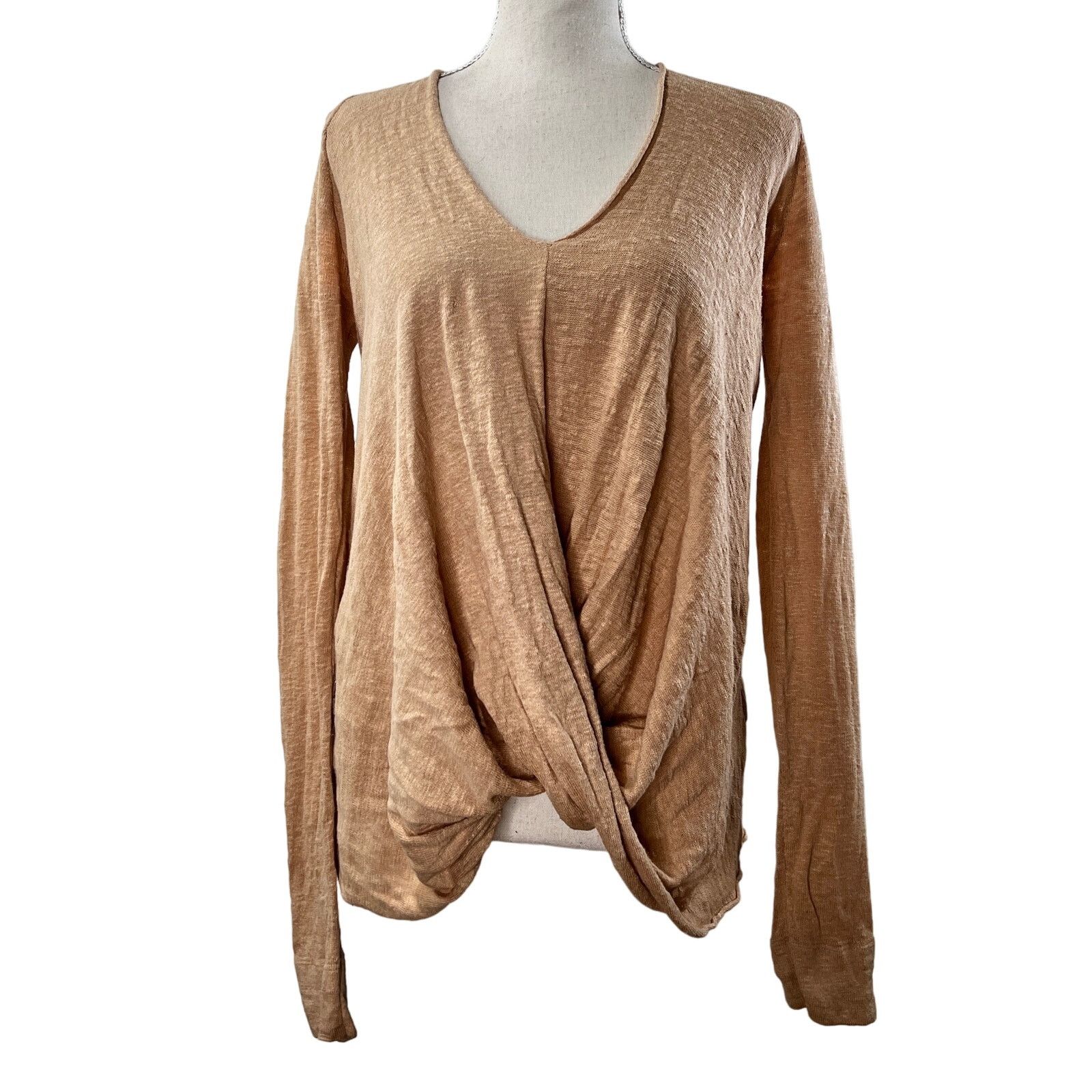 image of Brochu Walker Linen Blend Twist Hem Long Sleeves Top Small in Tan, Women's