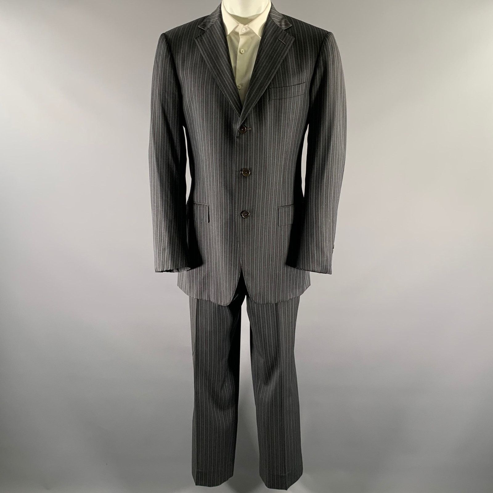 Ermenegildo Zegna ERMENEGILDO ZEGNA Grey Blue Stripe Wool Notch Lapel Suit Size 52L - 2 Thumbnail