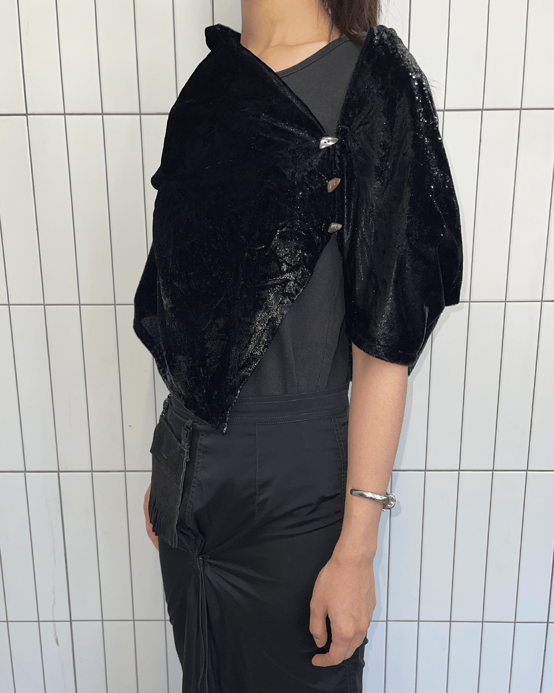 Japanese Brand Ritsuko Shirahama Velvet Asymmetric Button Cardigan Top Size ONE SIZE - 3 Thumbnail