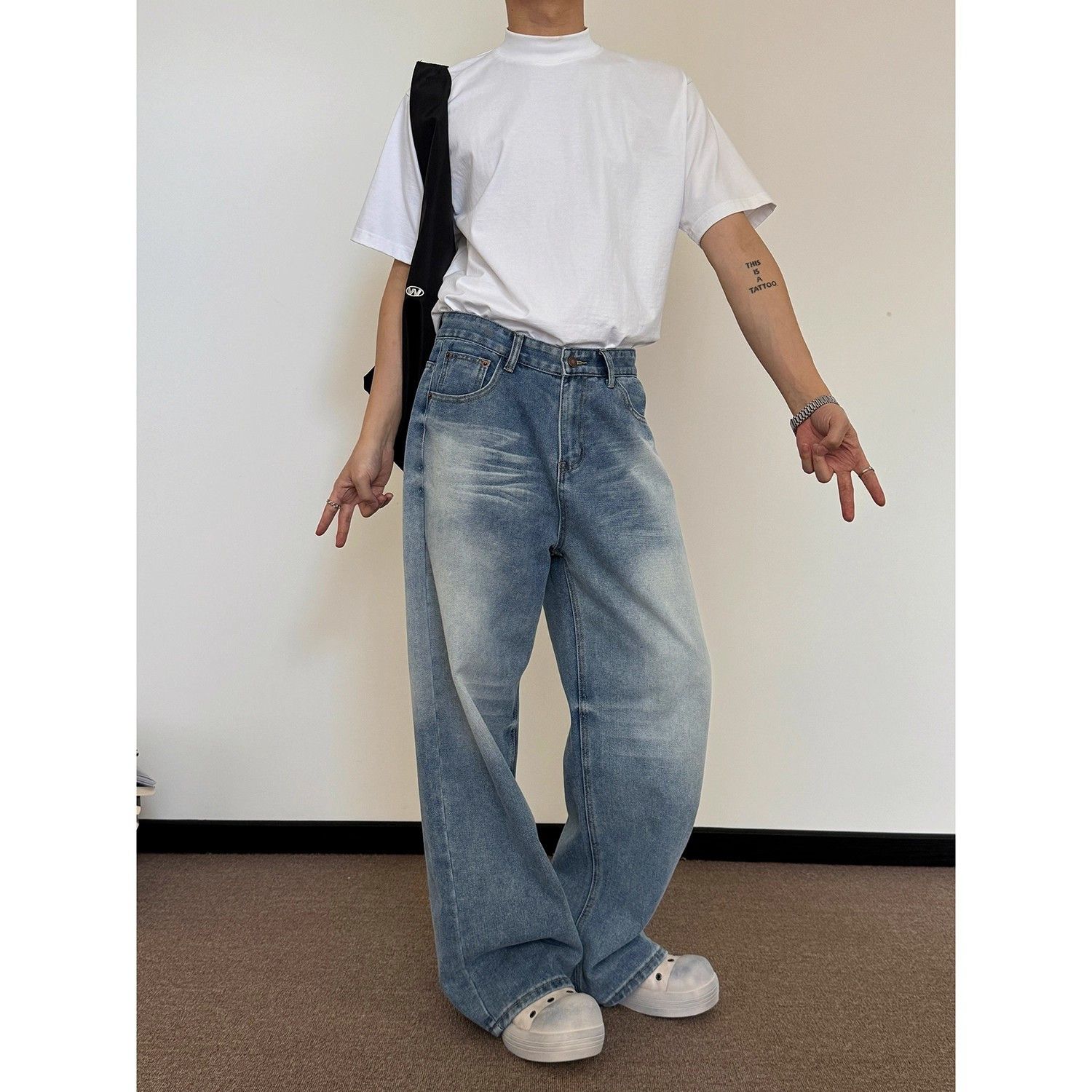 Japanese Brand Male whiskers baggy straight leg washed jeans Size US 32 / EU 48 - 3 Thumbnail
