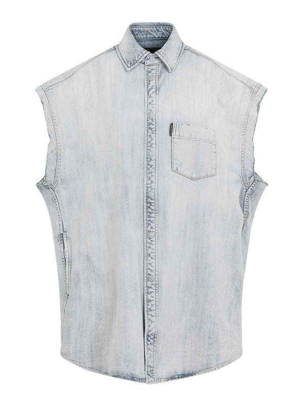 Balenciaga o1w1db10226 Ripped Sleeve Shirt Oversized in Blue Size US L / EU 52-54 / 3 - 1 Thumbnail
