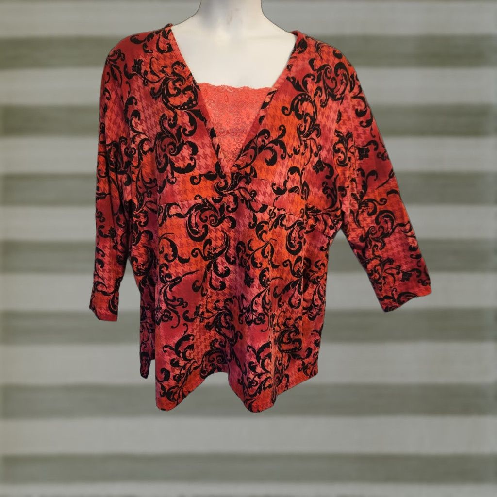 Essentials Liz & Me Essentials Red Lace Trim Floral Houndstooth Print Top 3X Women's Blouse Long Sleeve V-Neck Casual Relaxed Cotton Lace 100% Tagless Easy Care# Size XXL / US 16-18 / IT 52-54 - 1 Thumbnail