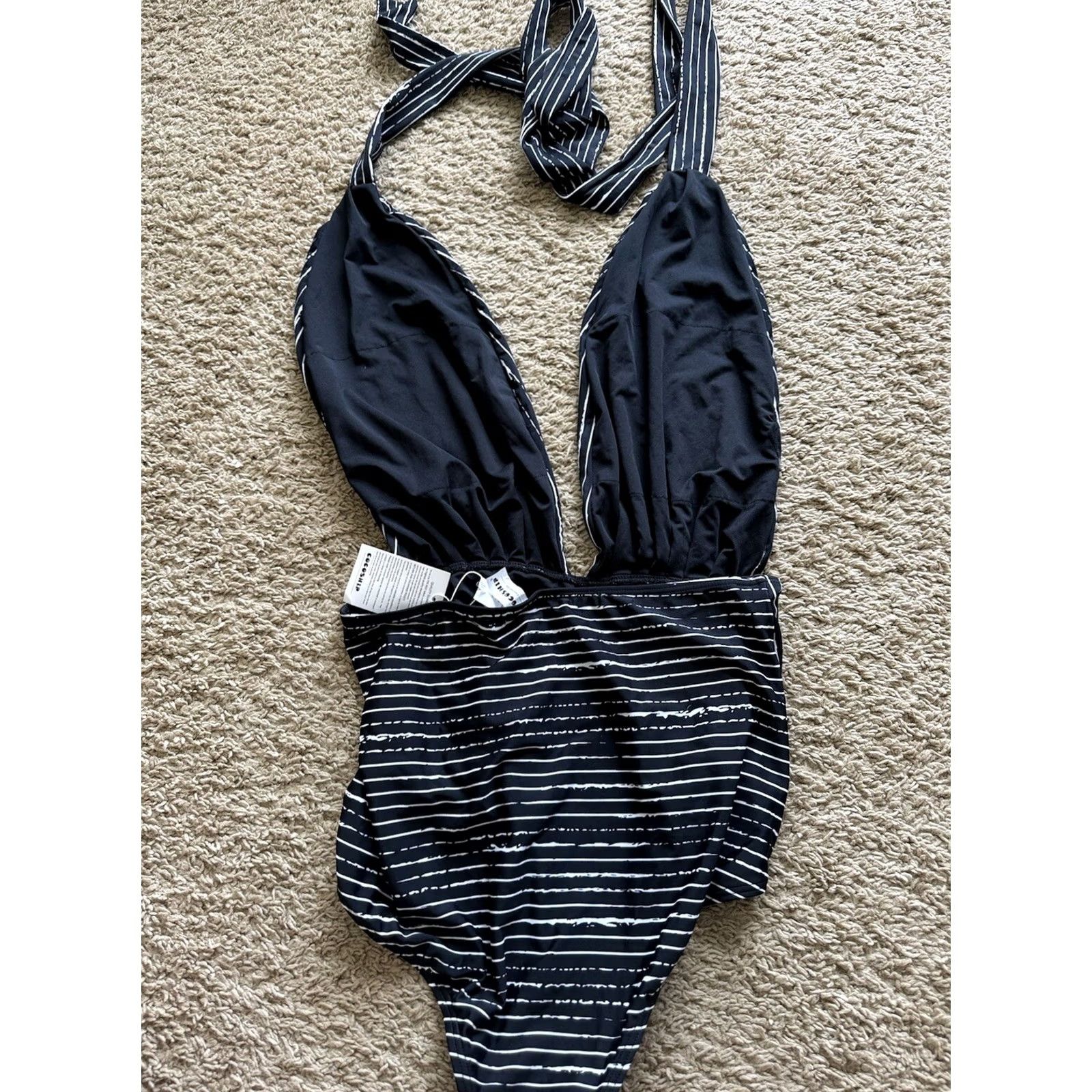 Bather COCOSHIP One Piece Retro Backless Bather High-Waisted Swimsuit 12 Women's Black & White Striped Halter Adjustable Strap Built-In Bra Size ONE SIZE - 5 Thumbnail