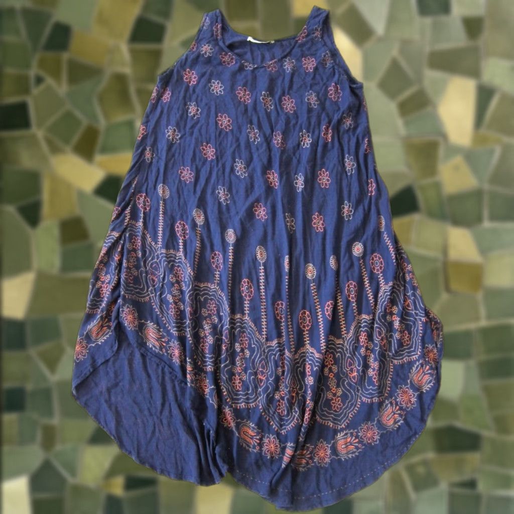 Vintage Lapogee India 100% Rayon Blue Orange Floral Long Tank Maxi Tunic Dress Small Size S / US 4 / IT 40 - 1 Thumbnail