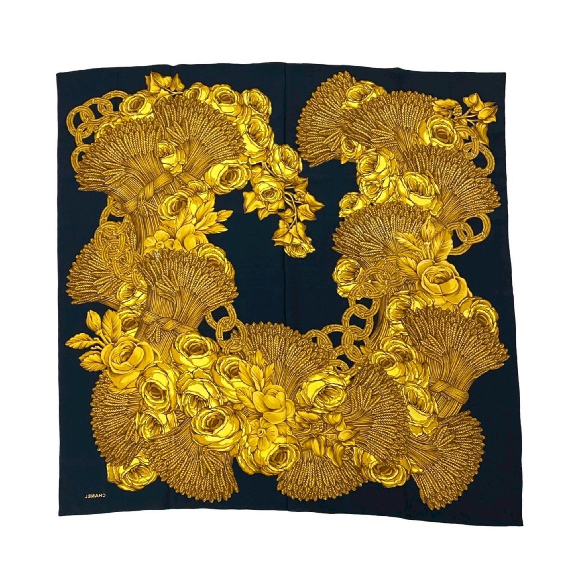 Chanel CHANEL Tassel Floral Print Coco Mark Silk Scarf Muffler for Women, Black and Gold, 16768 Size ONE SIZE - 1 Thumbnail