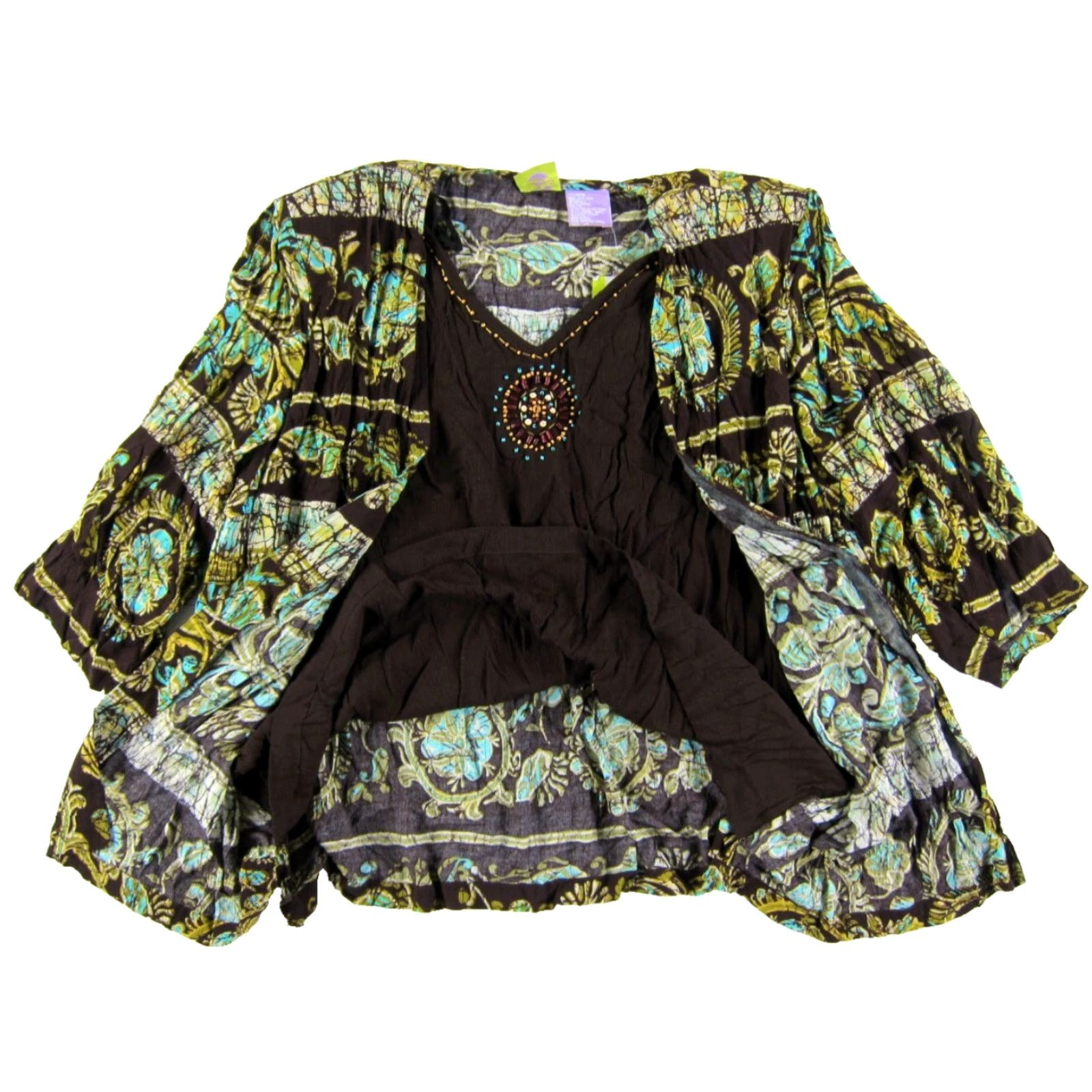 Vintage CM Shapes Blouse Short Sleeve V-Neck Beaded Floral 3X NWT 100% Rayon Brown Blue Green Womens Vintage Size XXL / US 16-18 / IT 52-54 - 5 Thumbnail
