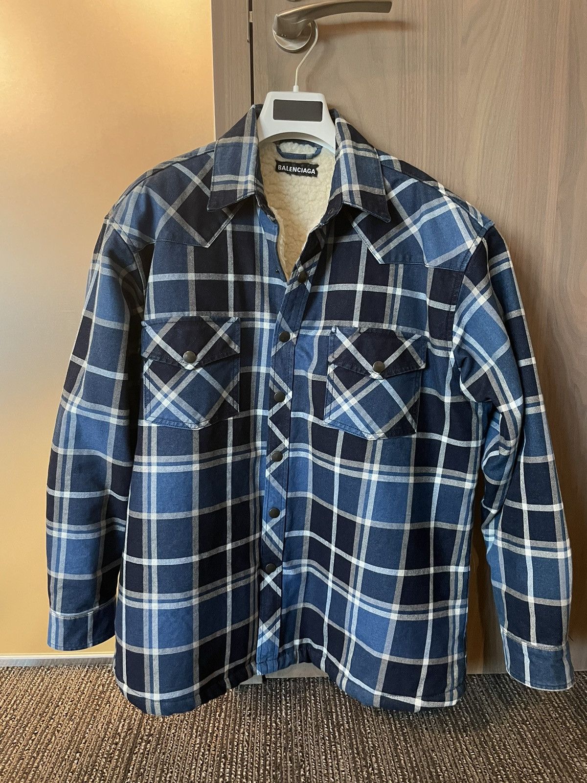 image of Balenciaga Oversized Flannel Shearling Sherpa Shirt Jacket in Blue, Men's (Size Small)