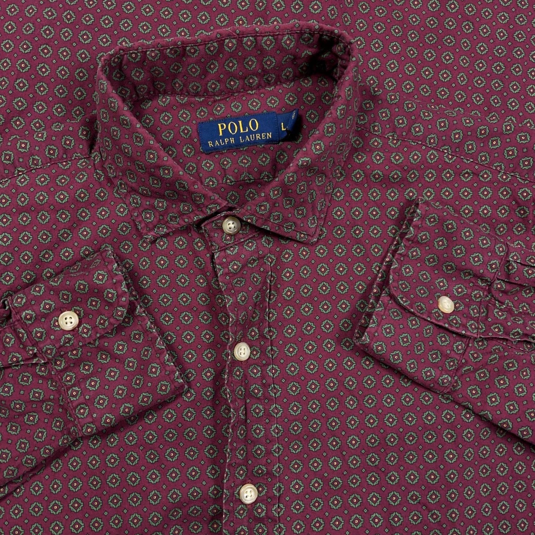 Polo Ralph Lauren VINTAGE Polo Ralph Lauren Shirt Men Large Maroon Button Up Dress Poplin Spotted Adult Size 42R - 2 Thumbnail