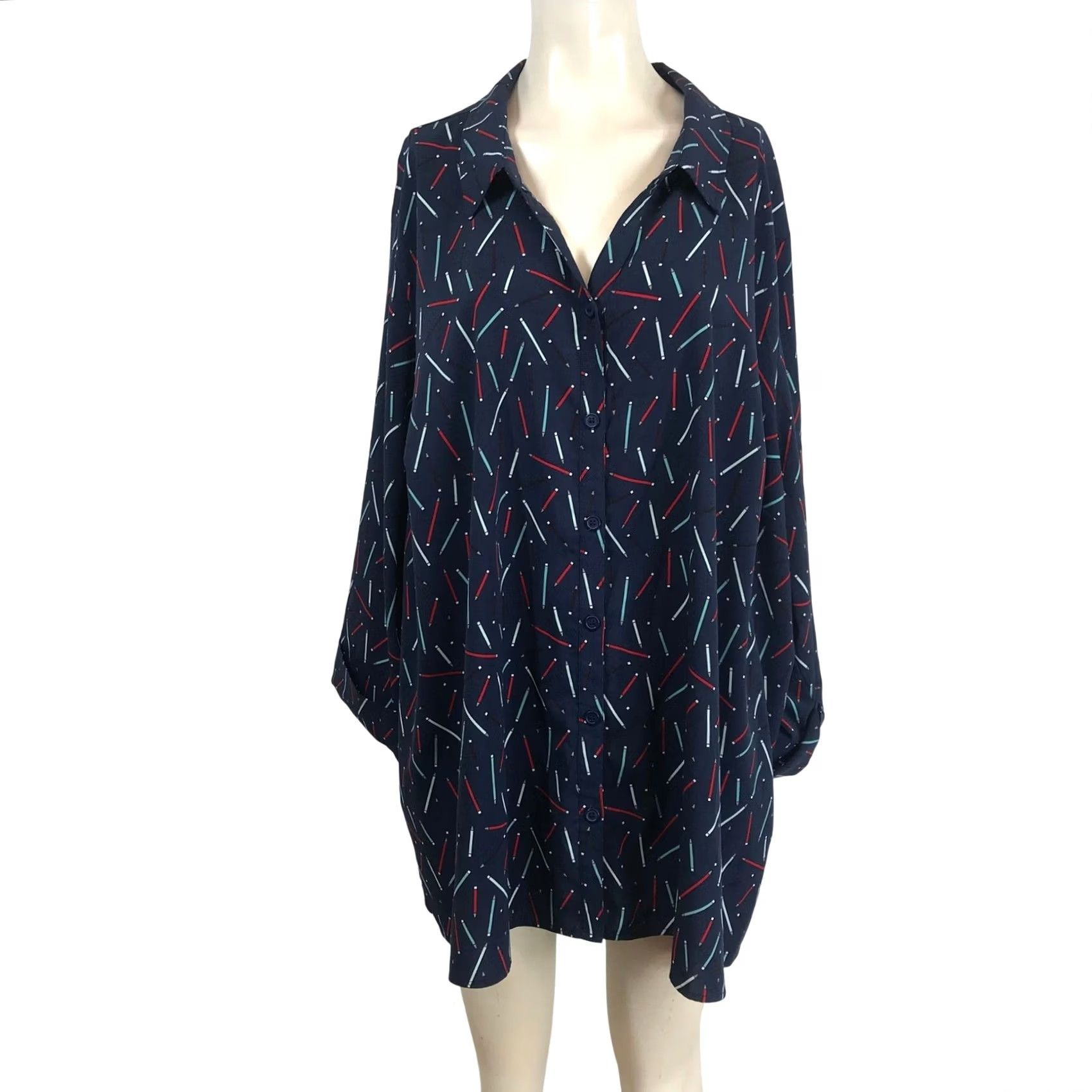 Vintage Catherines Womens Plus Size Tunic Top - Navy Blue Pencil Print Blouse Size 4XL / US 24-26 - 2 Thumbnail