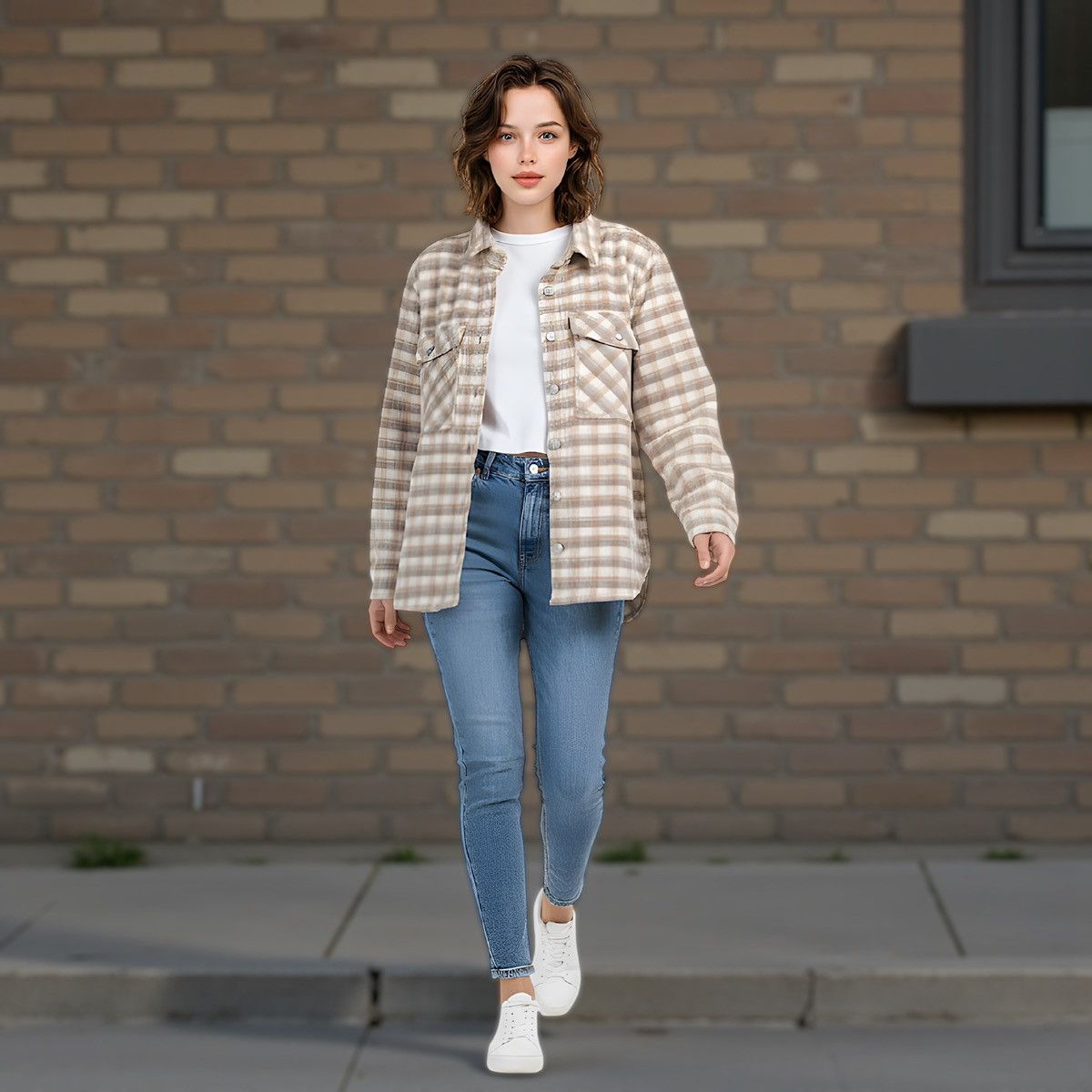 Other Oat NY Women’s Warm Plaid Pattern Tan White Shaket Sz L Size L / US 10 / IT 46 - 3 Thumbnail