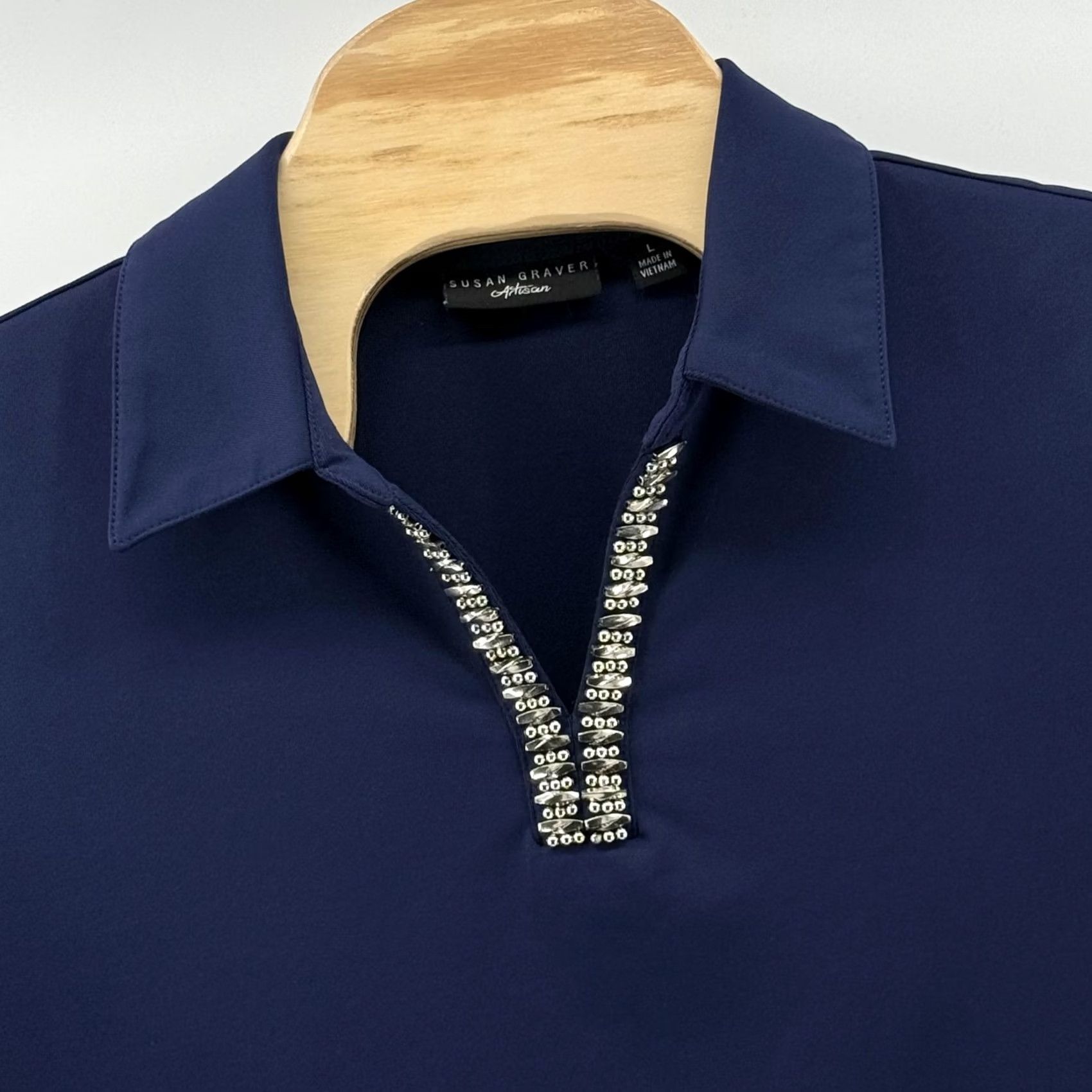Vintage Susan Graver Artisan Polo Navy Blue Embellished Collar Stretch Nautical Size L / US 10 / IT 46 - 2 Thumbnail