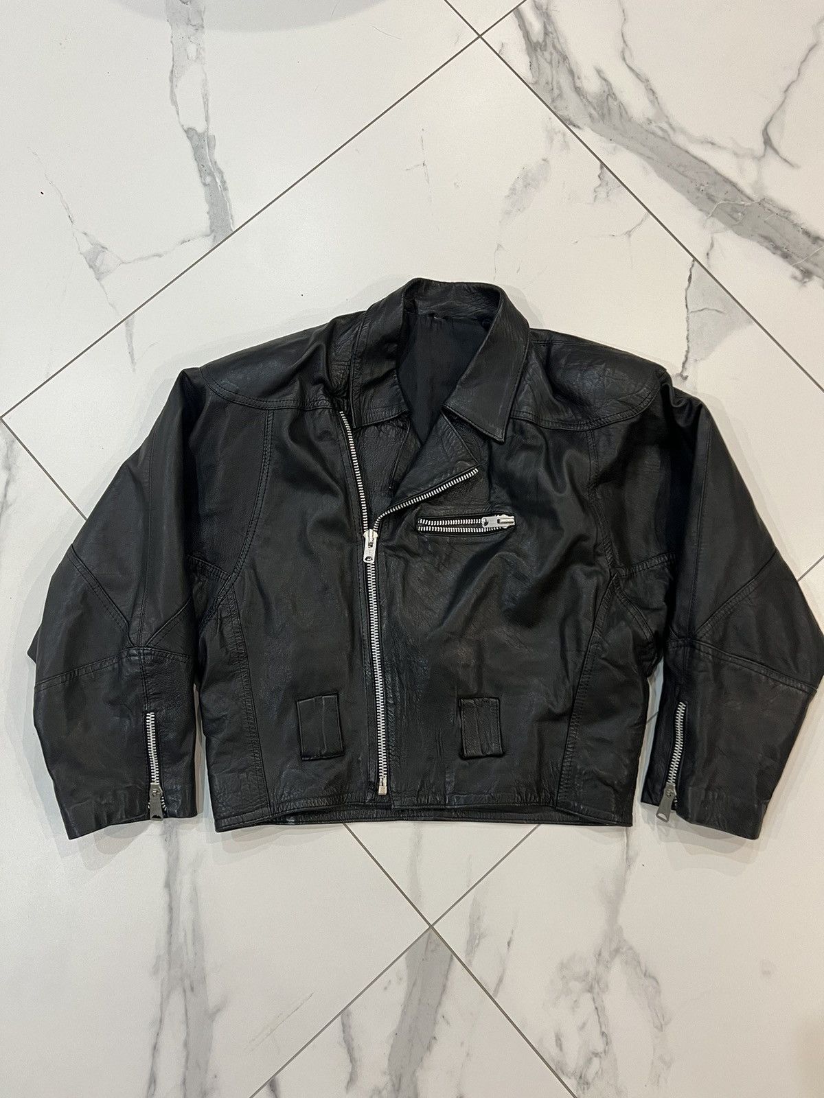 image of Genuine Leather x Leather Jacket Short Ramones Leather Jacket Like Rick Owens Or Balenciaga in Blac
