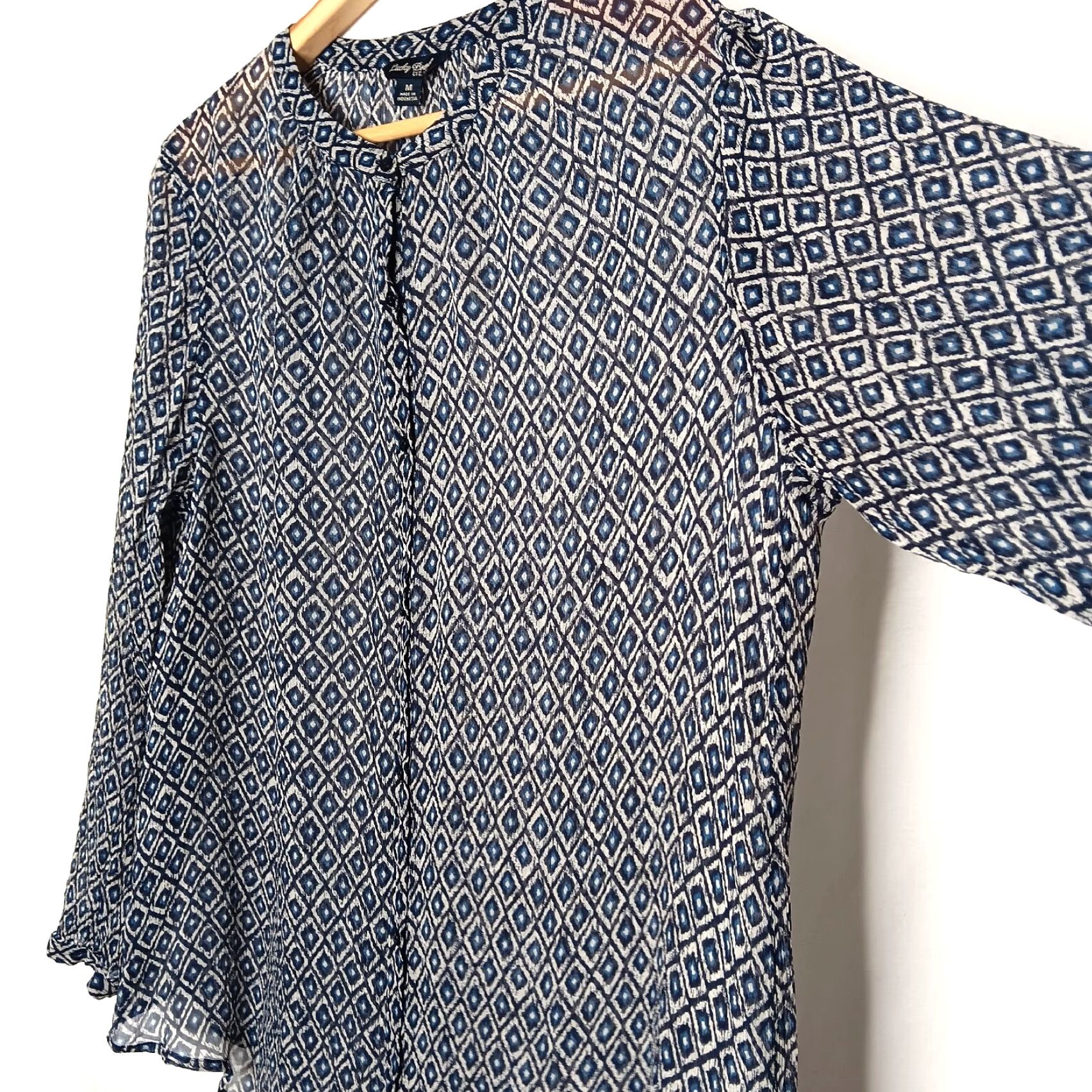 Lucky Brand Lucky Brand Blouse Shirt Button Up Womens M Blue Geometric Diamond Sheer Polyester Long Sleeve Casual office wear Size M / US 6-8 / IT 42-44 - 2 Thumbnail