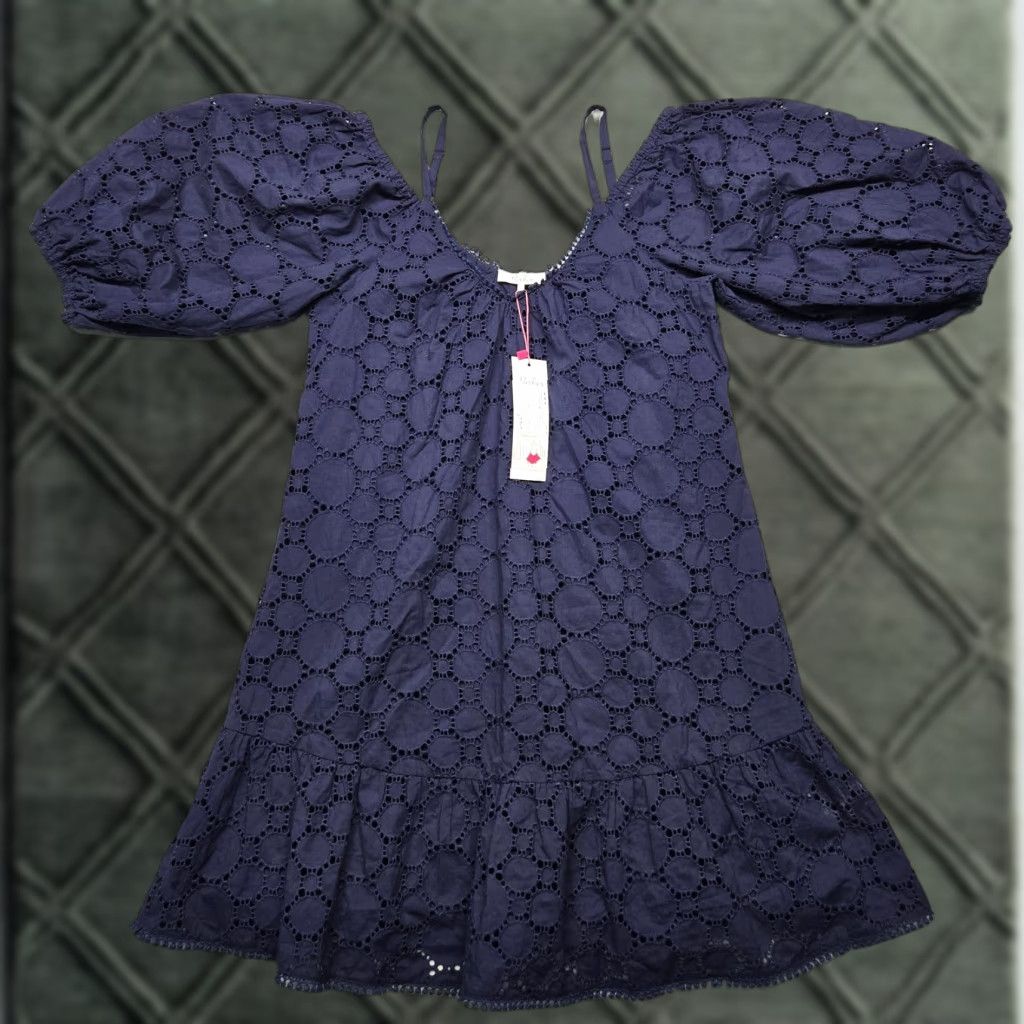 Parker Parker Womens Small Blue Eyelet Puff Sleeve Mini Dress Aquarius Off the Shoulder Short Sleeve Cotton 32.5in A-Line Bohemian Chic Dress Mens? Size S / US 4 / IT 40 - 1 Thumbnail