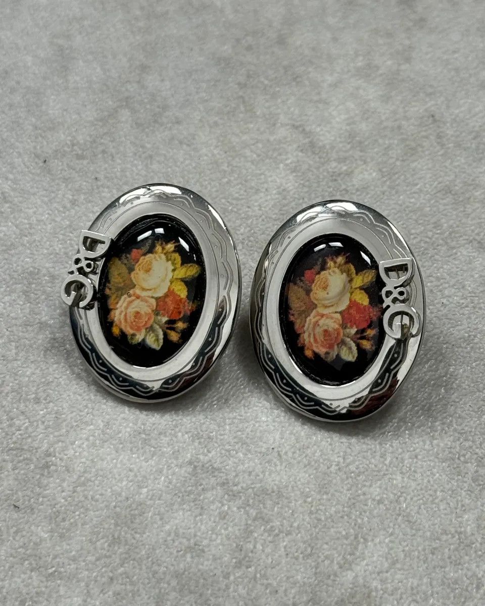Dolce & Gabbana Dolce & Gabbana Rose Pattern Silver Oval Earrings Size ONE SIZE - 3 Thumbnail