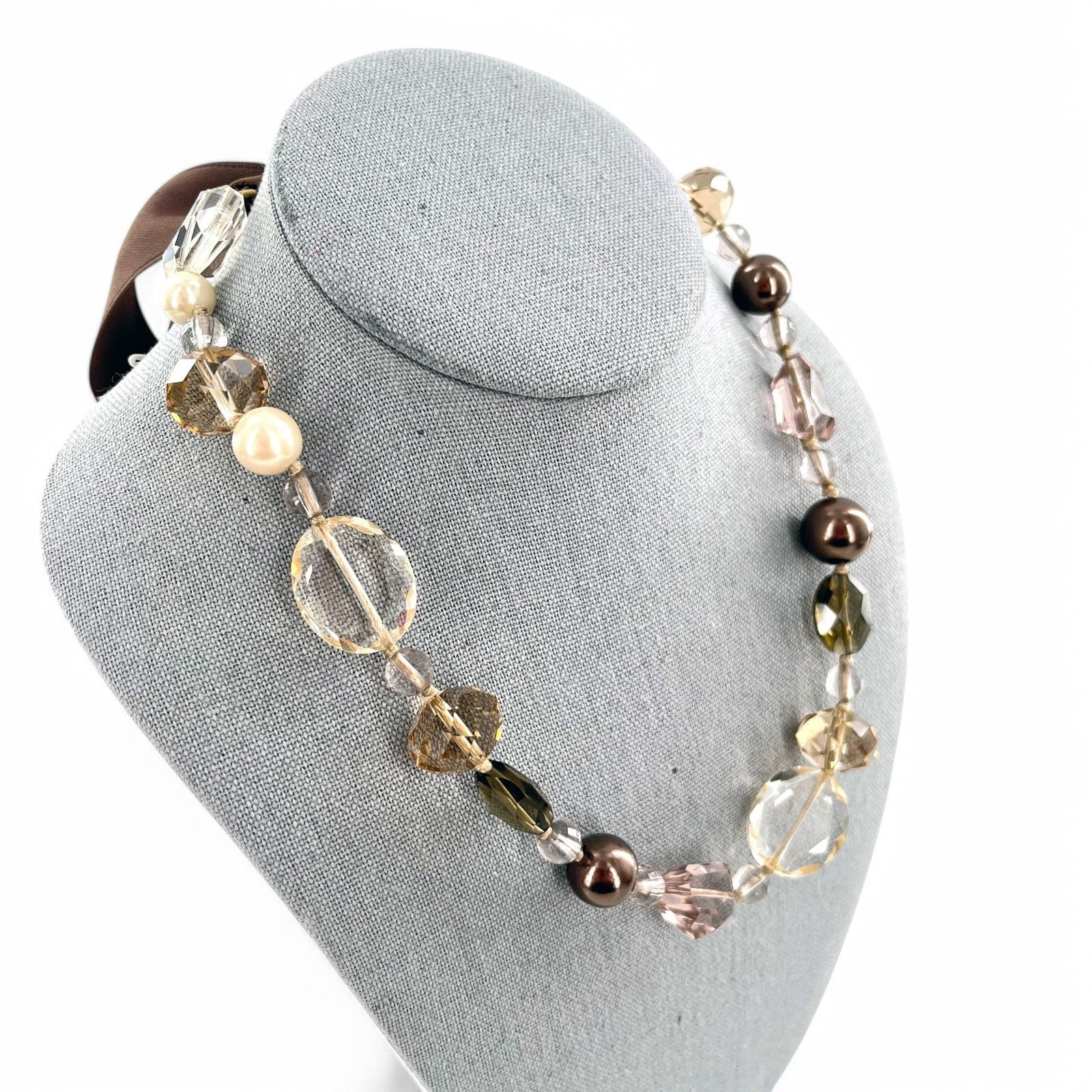 Other Stella and Dot Crystal Faux Pearl Necklace Brown Ribbon Tie Size ONE SIZE - 1 Thumbnail