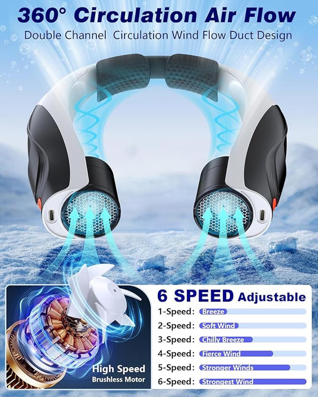 Other Q5 Rechargeable Neck Fan, Black White, 6 Speed Adjustable, 3 Size ONE SIZE - 4 Thumbnail