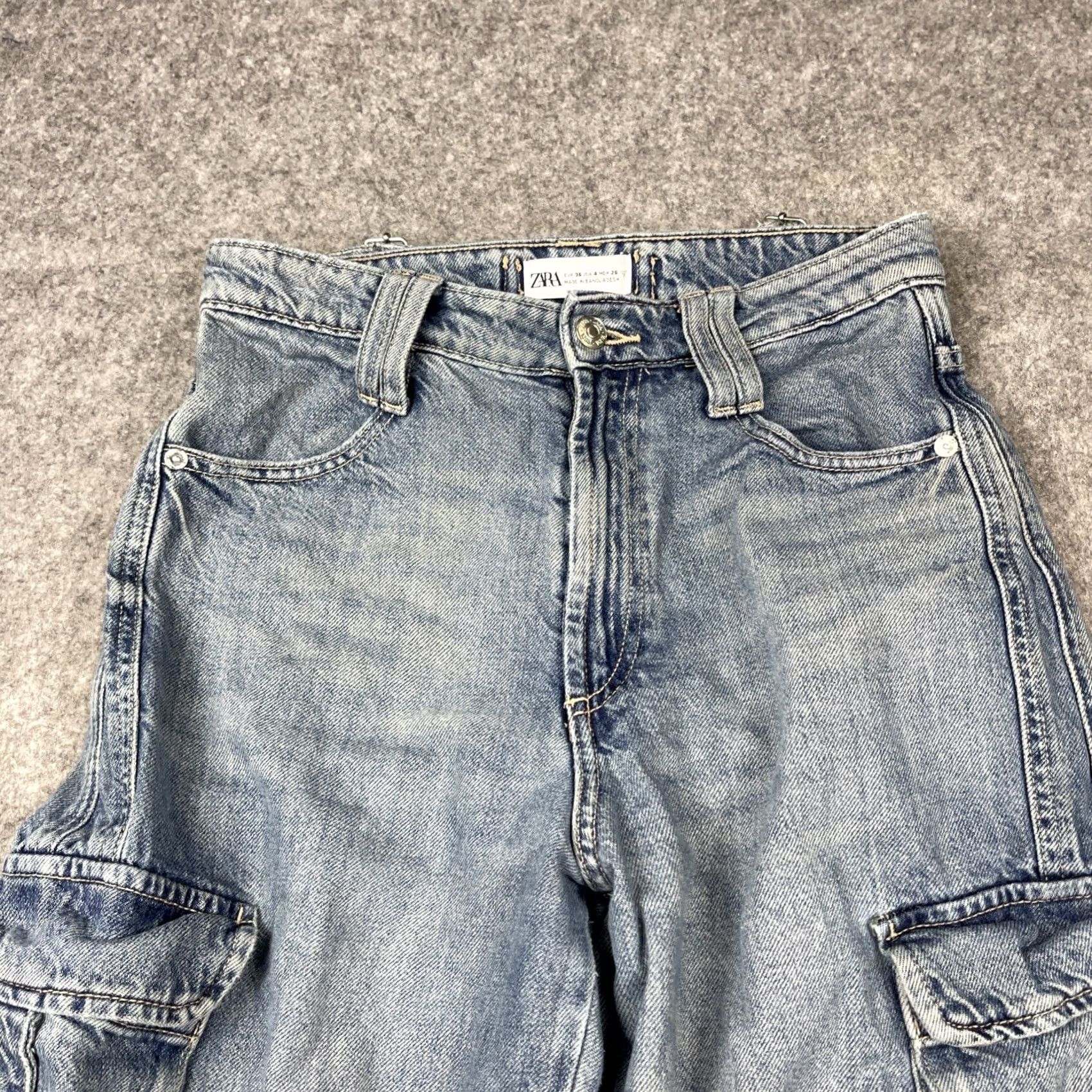 Zara Zara Wide Leg Baggy Cargo Jeans Womens 4 Blue Denim Barrel Buckle Grunge Y2K Size 27" / US 4 / IT 40 - 6 Thumbnail